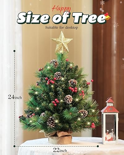 Miniatura 4 de Árbol de Navidad de mesa de 2 pies, árbol de Navidad preiluminado con estrella de árbol, mini árbol de Navidad con luces LED transparentes, árbol de