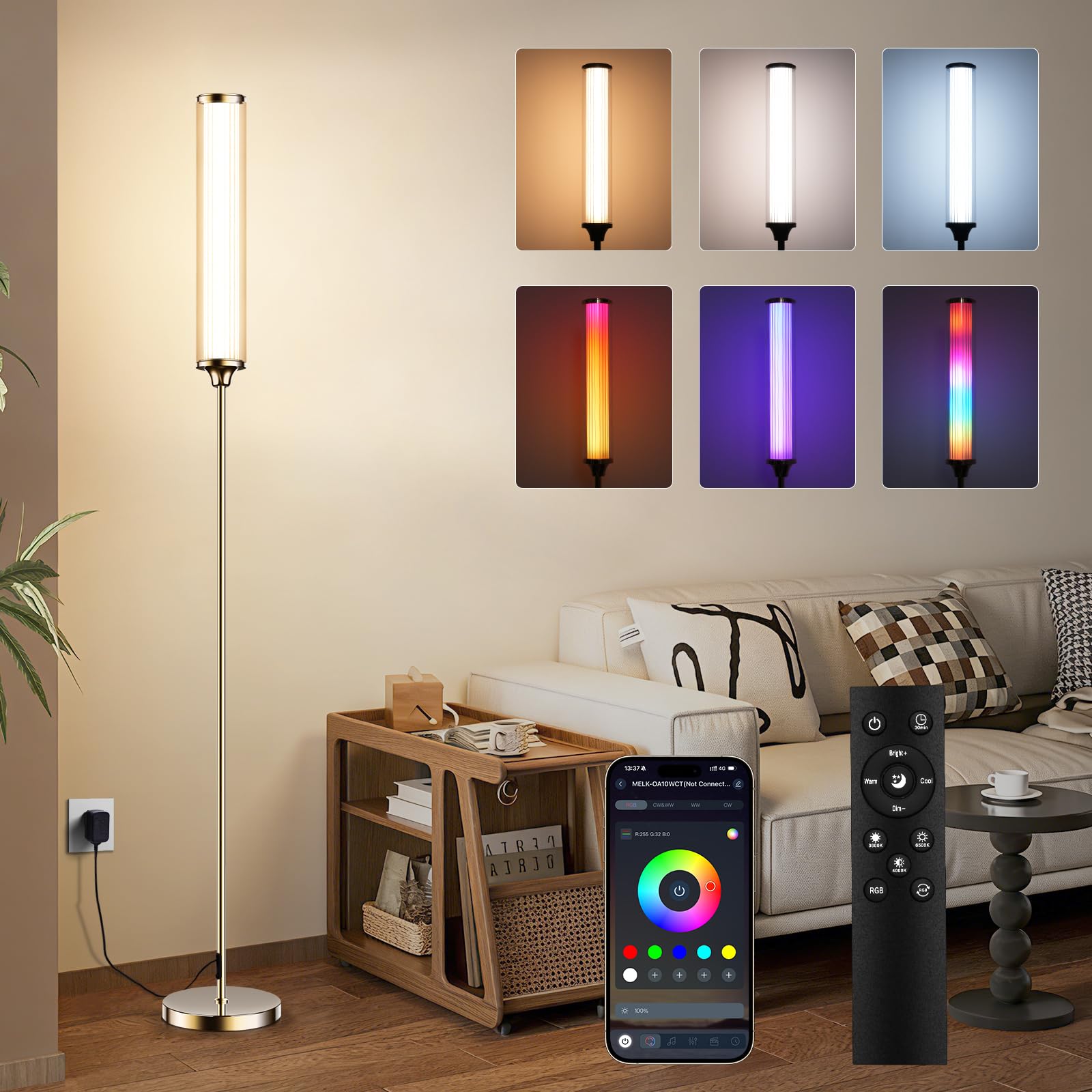 FRIDEKO HOME Stehlampe Wohnzimmer Modern RGB Dimmbar Smart Standleuchte mit Fernbedienung Musikmodus Schwarz-Sockel für Büro Schlafzimmer