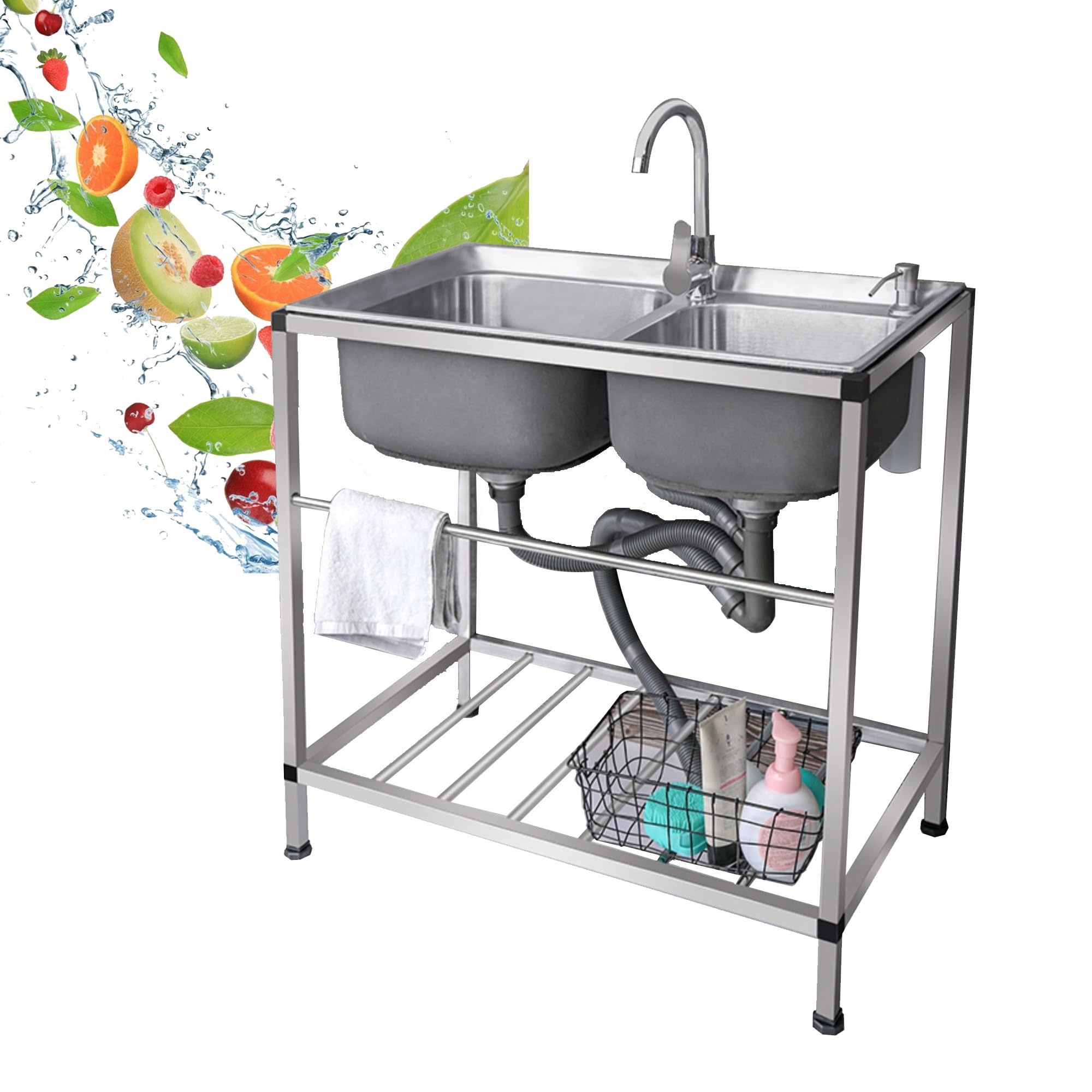 TAXXII Outdoor Sink Station,Stainless Steel Utility Kitchen Sink,Garden Sink,Commercial Restaurant Sink,Farmhouse Sink,Portable Freestanding Double Bowls Sink,for Backyard,Garage,Laundry