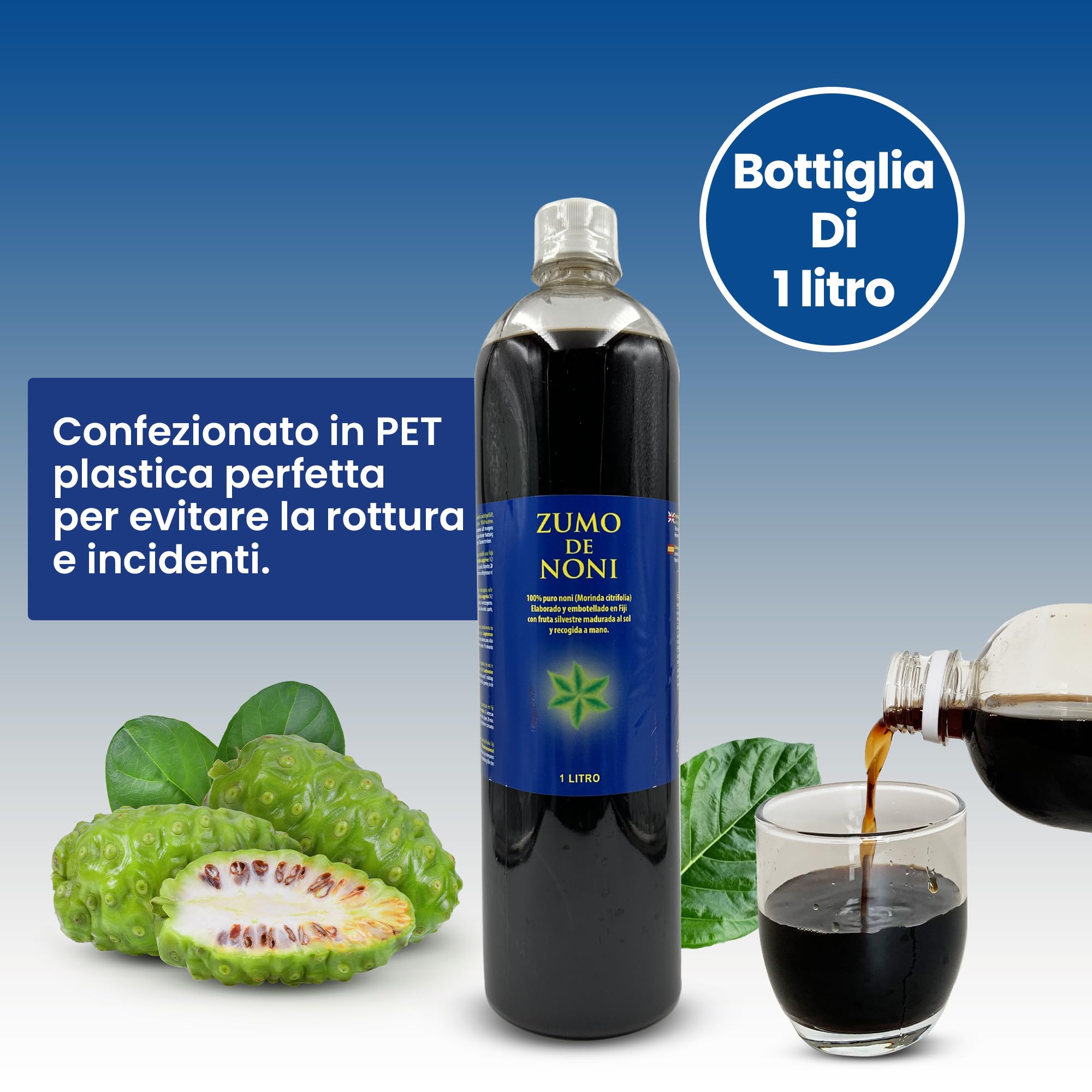 Succo di Noni - 1 litro. 100% Puro e Organico senza conservanti - Aiuta in caso di infiammazione e dolore, rafforza il sistema immunitario.