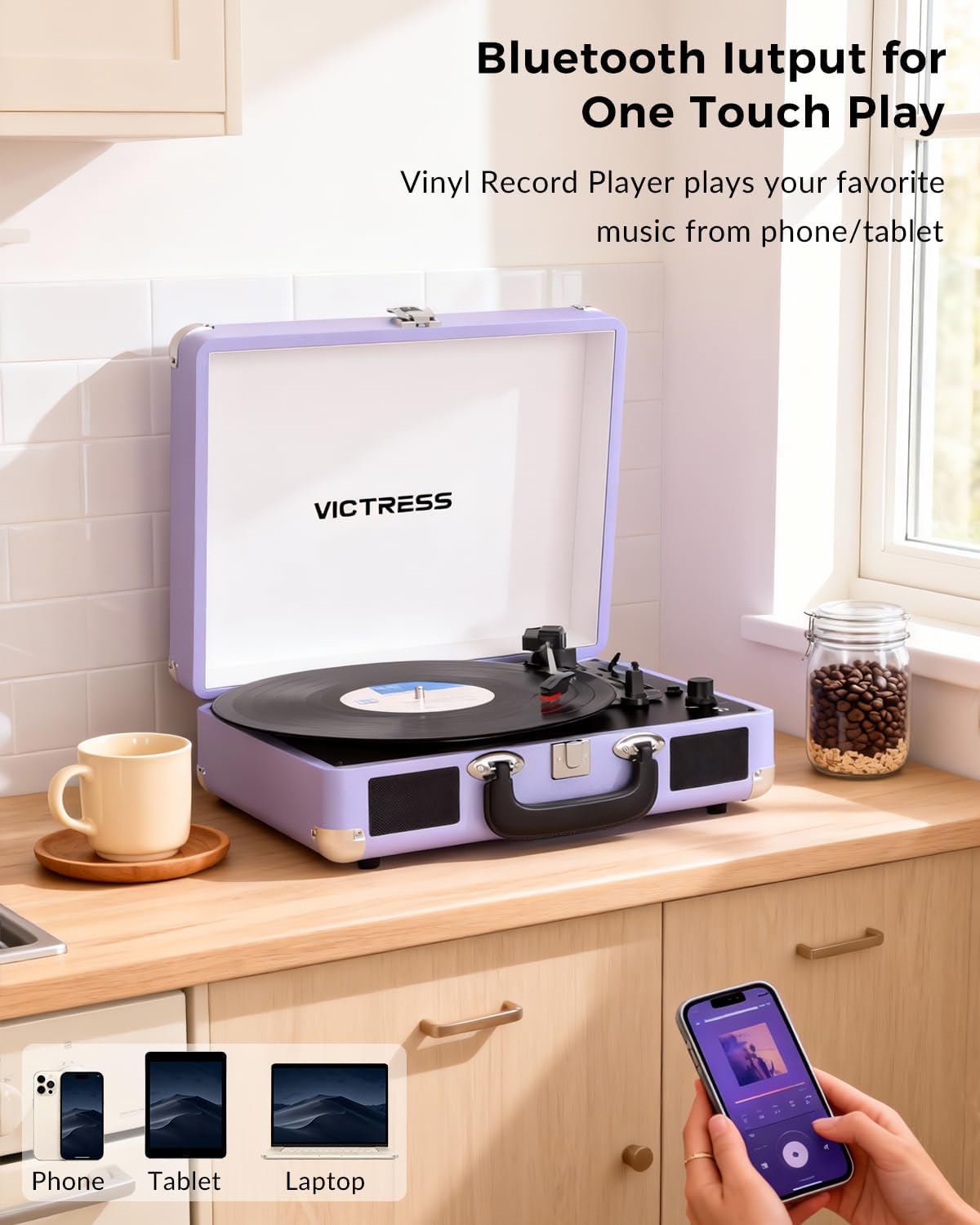 Suitcase Record Player, Portable Vinyl Record Player Bluetooth with Stereo Speakers, 3-Speed Turntable, USB to Digital Recording, RCA/AUX/Headphone Jack, Retro Gift Vinyl Player, Soft Purple