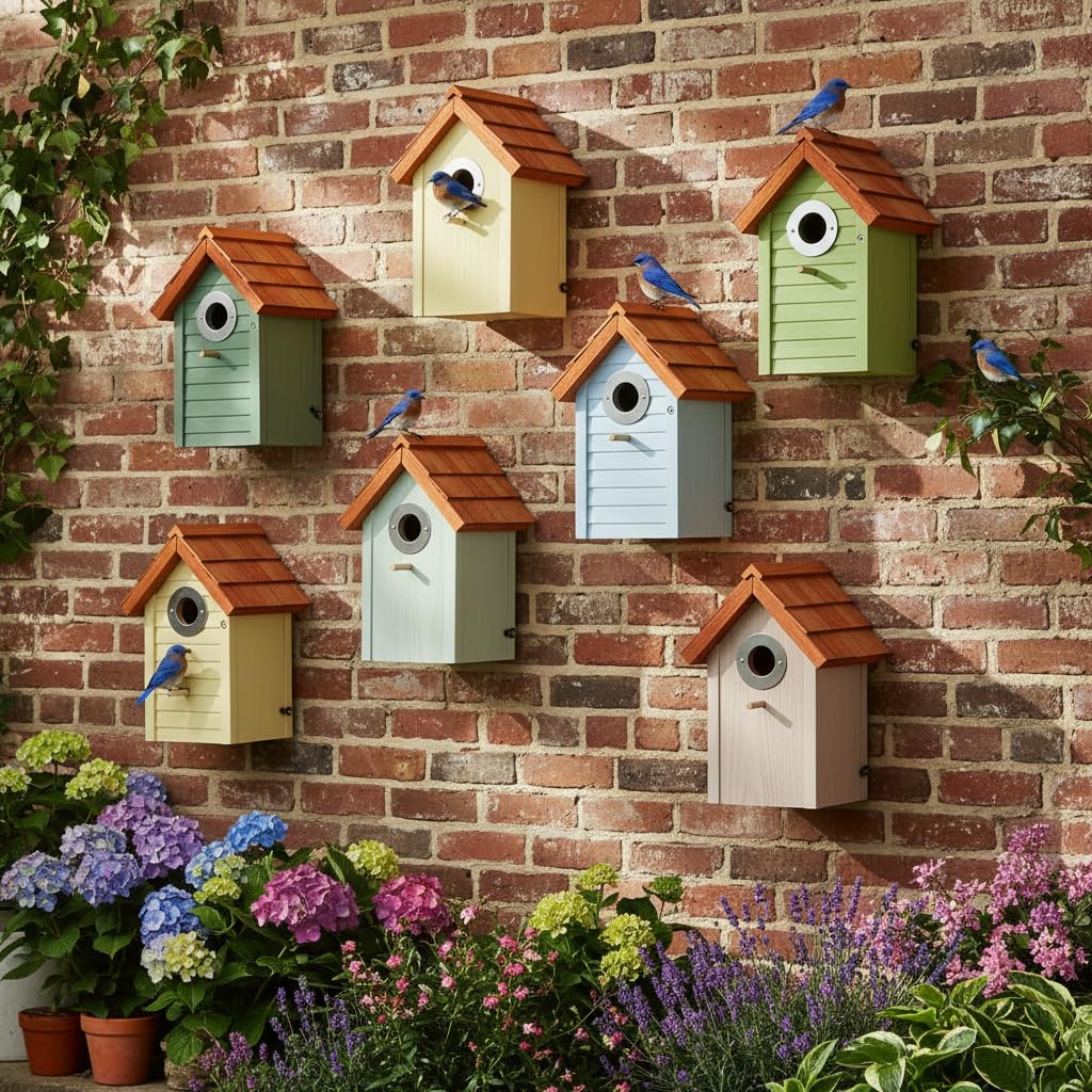 Paquete de 3 casas para pájaros Bluebird para espacio exterior, casa de pájaros para montaje en pared, caja nido de golondrina de árbol con protector de depredador de acero inoxidable, pintura UV de