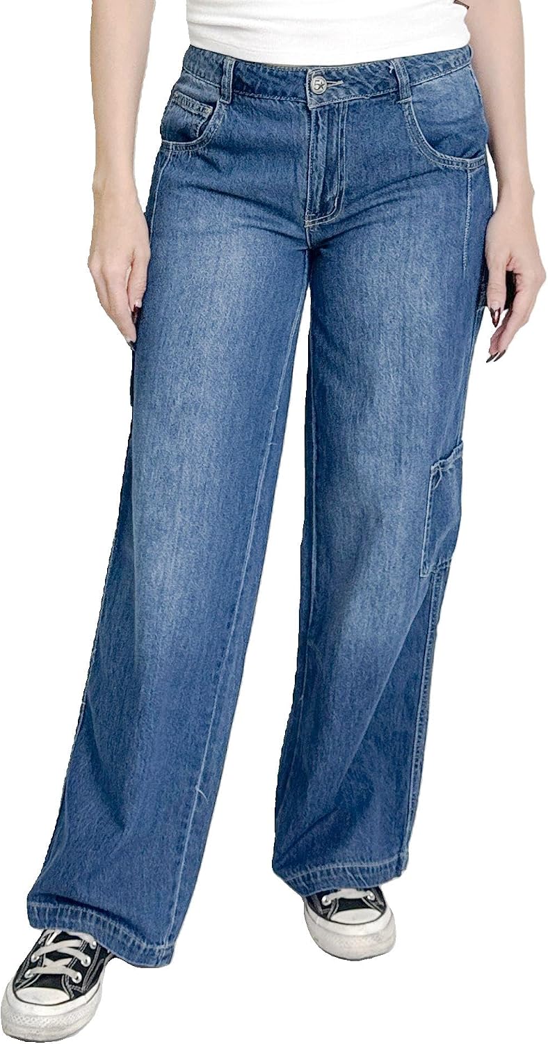 FIVESTAR GENERAL Women’s Juniors 8-Pocket Wide-Leg Denim Carpenter Pant, Low Rise, Button Closure with Brass Zipper