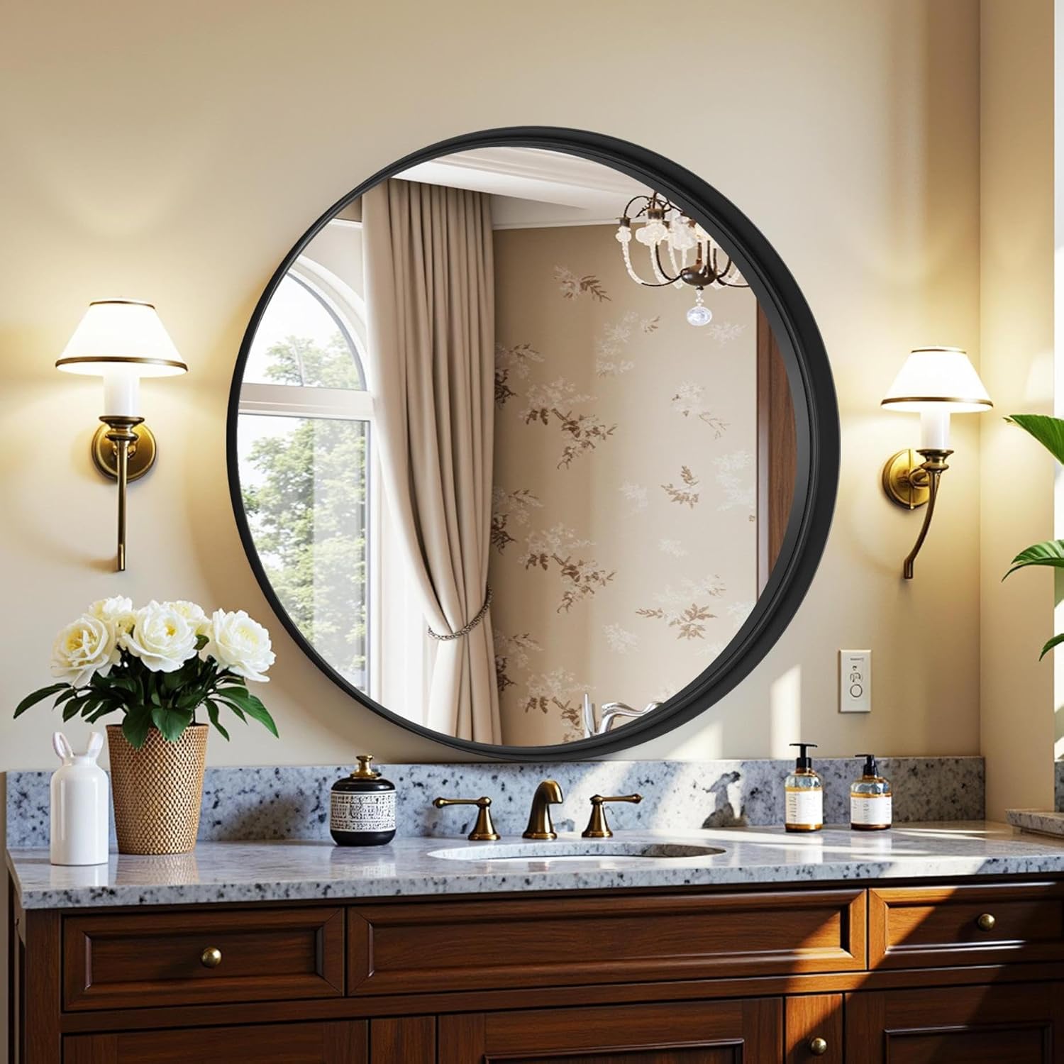 Round Bathroom Mirror, 20 Inch Black Circle Mirror with Metal Deep Frame, Round Mirrors for Wall Decor, Vanity, Entryway, Living Room 20"L x 20"W Round Black