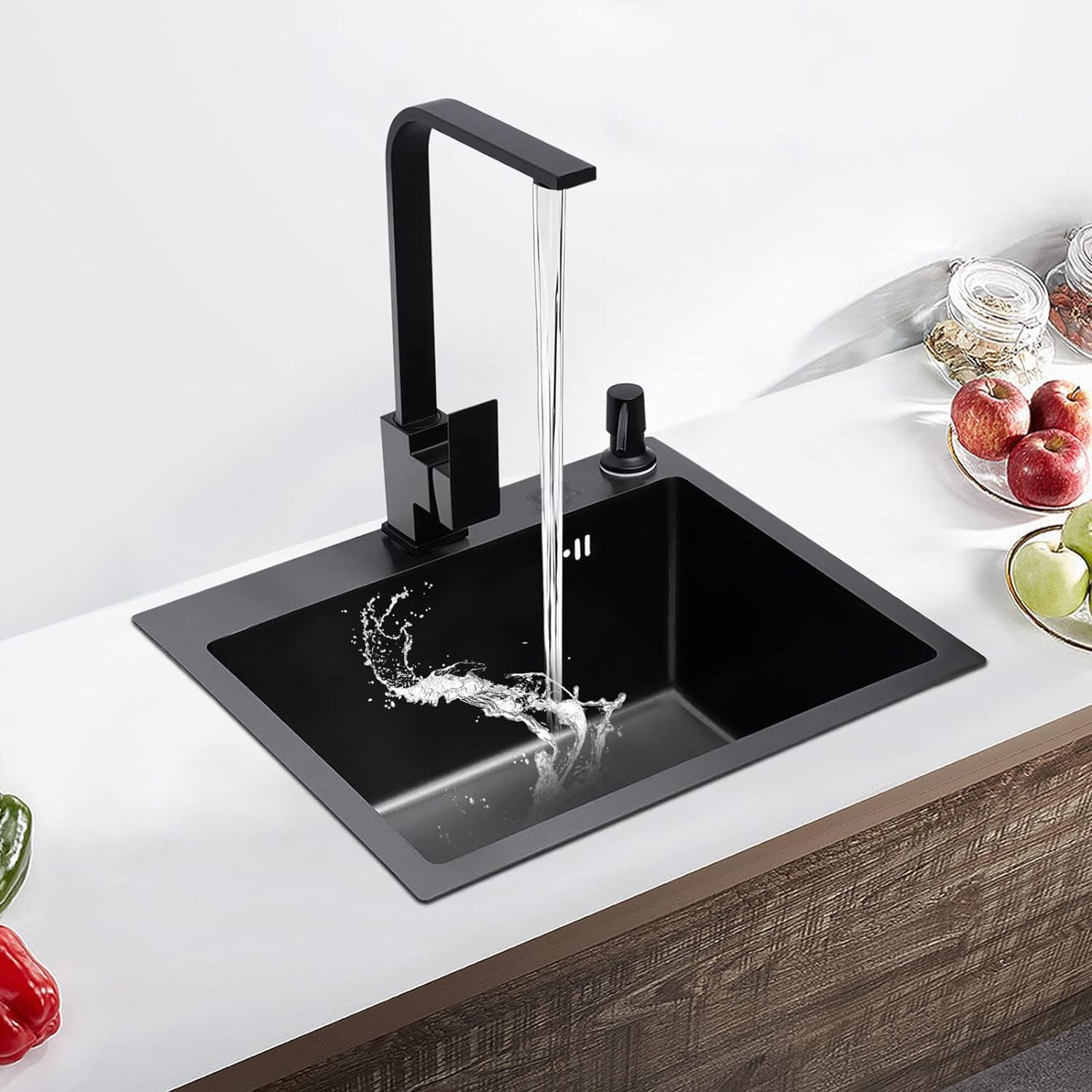 Spüle, Spülbecken Edelstahl mit Armatur Schwarz, Einbauspüle Küchenspüle Granitspüle für 45 cm Unterschrank, mit Küchenarmatur 360° Drehbar, Seifenspender, Über und Ablaufgarnitur