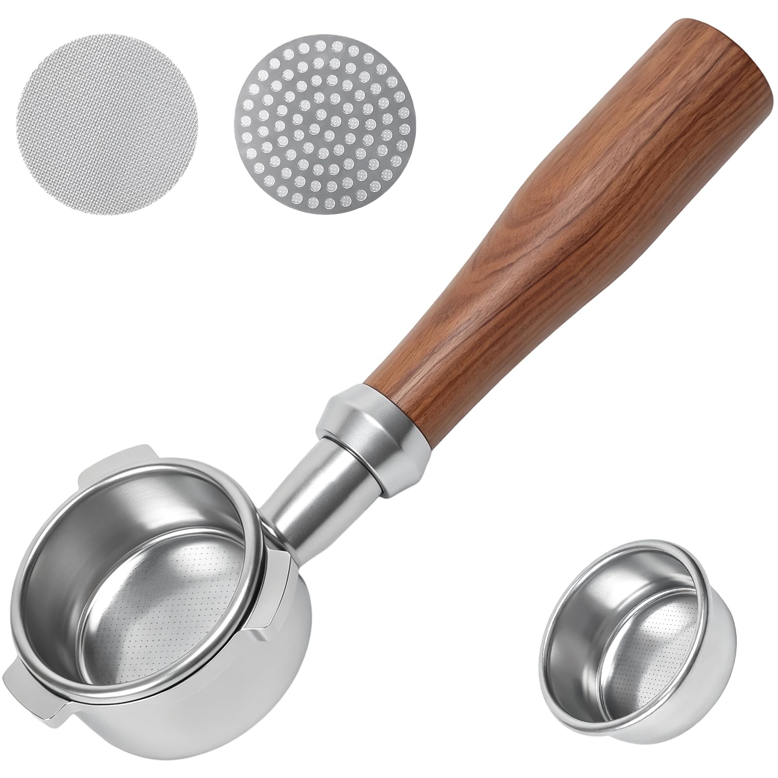 Zythrem 54mm Bottomless Portafilter with 2 Puck Screen 3 Ears Coffee Portafilter Compatible with Sage Breville Barista Series Barista Express Walnut Wood Handle Bottomless Portafilter for Home Barist
