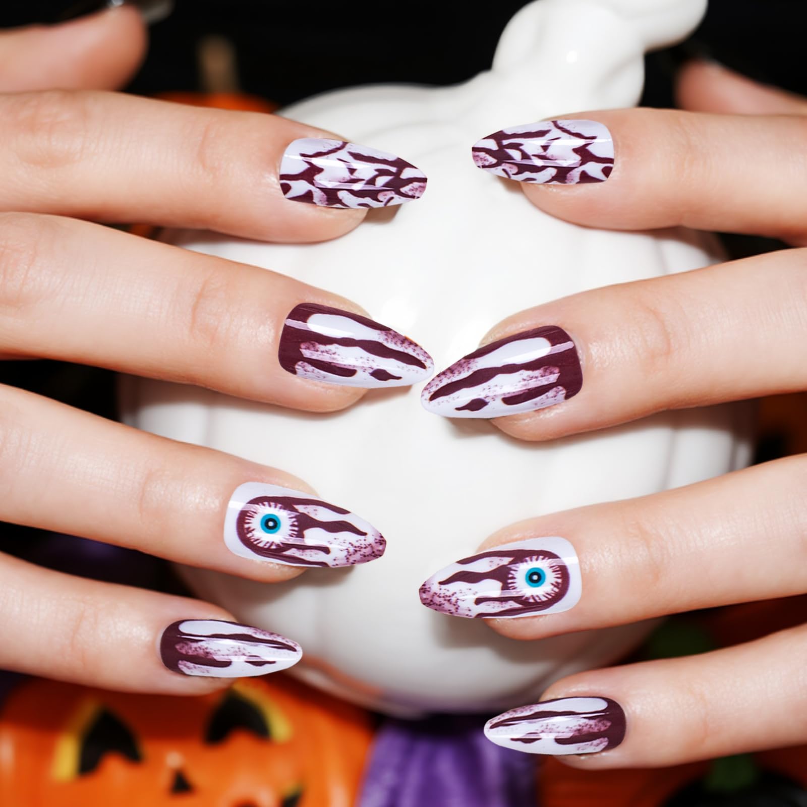 Muswarm Halloween Press on Nails, Medium Size Pointed Short Almond Fake Nailkit, 24pc 3D Skull and White Bone Nail, Halloween Decorations, with Tools: Halloween-02