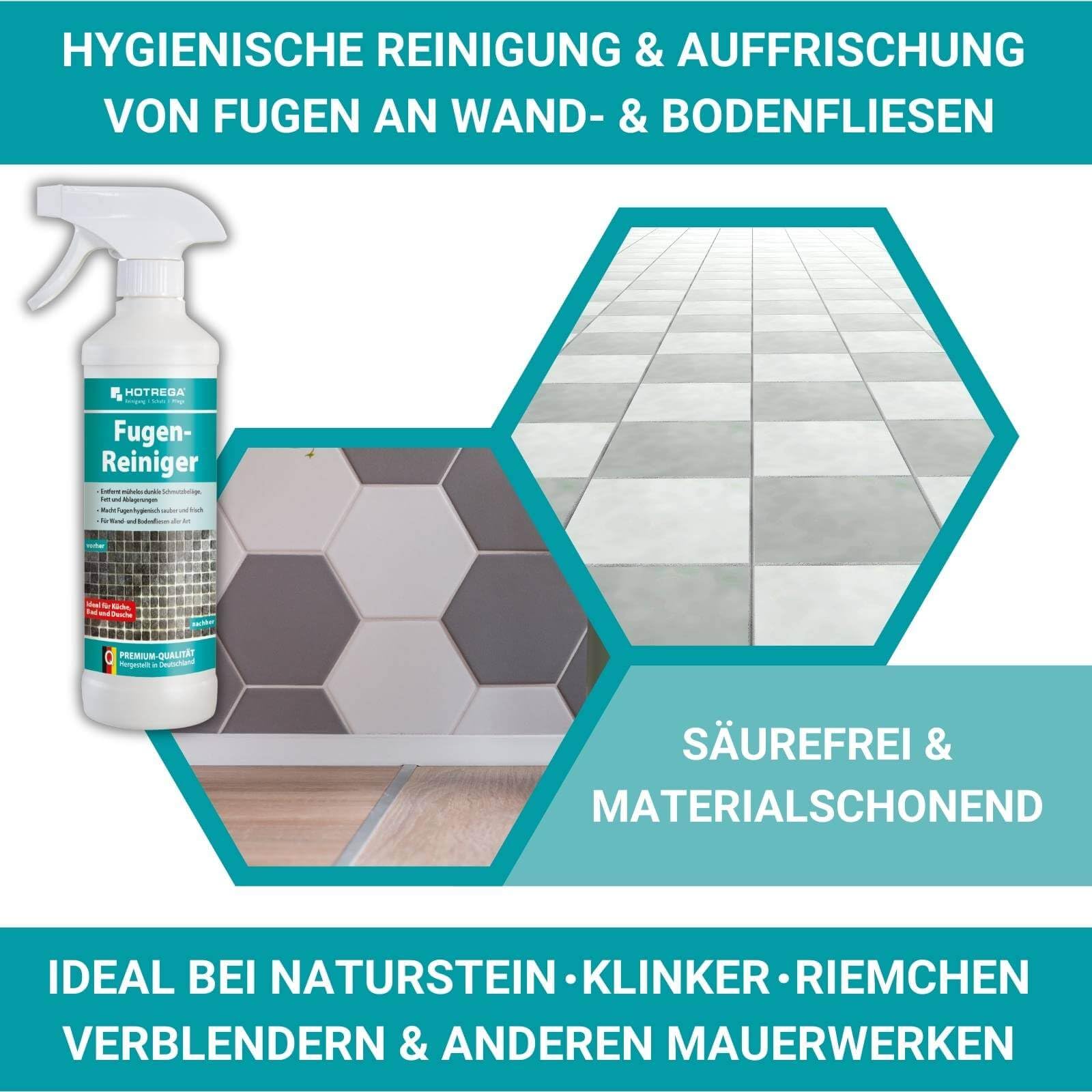 HOTREGA Fugenreiniger 500ml + Fugenimprägnierung 1L | Set für zementäre | Tiefenreinigung & Schutz | Unsichtbare Versiegelung gegen Kalk, Fett, Nässe | Ideal für Bad, Dusche, Küche | Lösemittelfrei