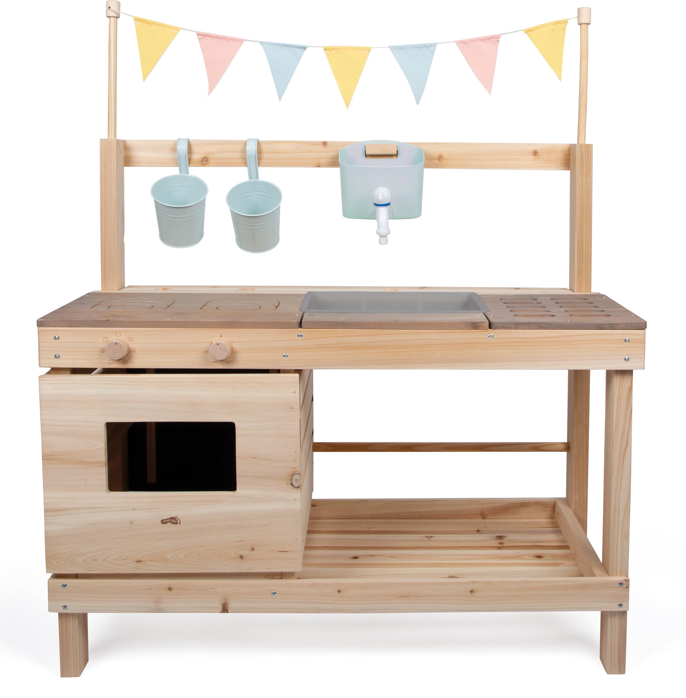 small foot Cucina da esterno e negozietto in legno, cucina/negozio Outdoor, utilizzabile su entrambi i lati, con rubinetto e numerosi accessori, 12790