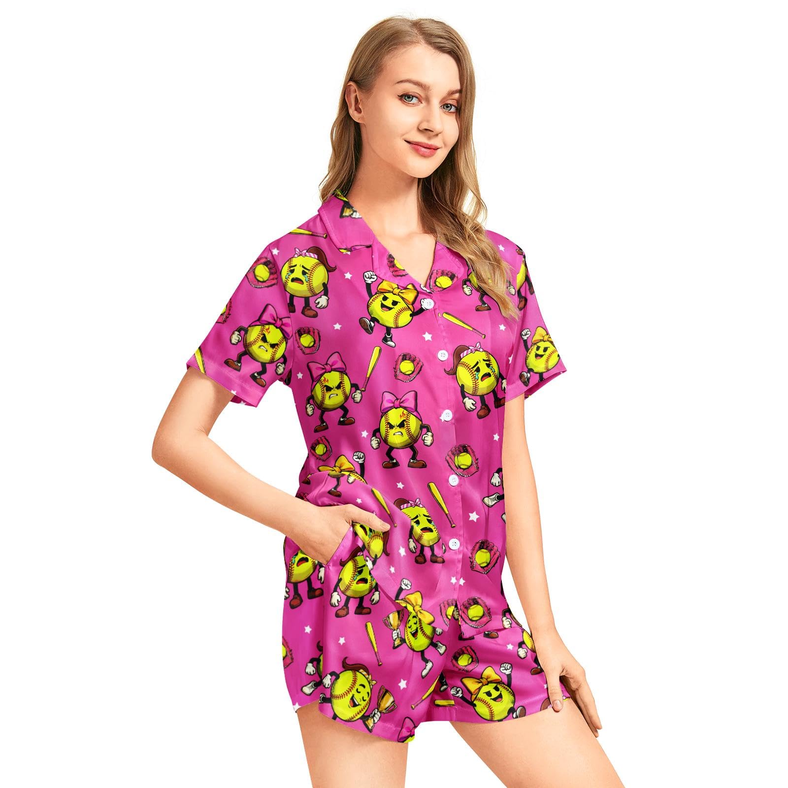 Funny Pajamas for Women Set Print Satin Loungewear Pjs Short Sleeve Button Down Top and Shorts Sets Sleepwear XS-3XL