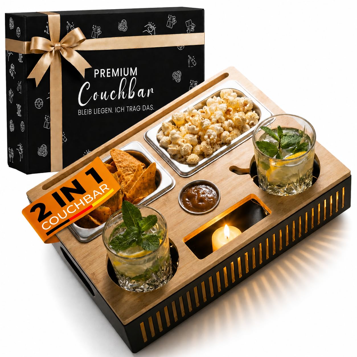 Couchbar Snackbox mit Leuchteffekt – Holz Sofatablett für Sofa, Snackbar & Organizer Tablett, 2-in-1 Couch Bar mit Getränkehalter, Weinhalter & Handyhalterung, Geschenke für Männer & Frauen
