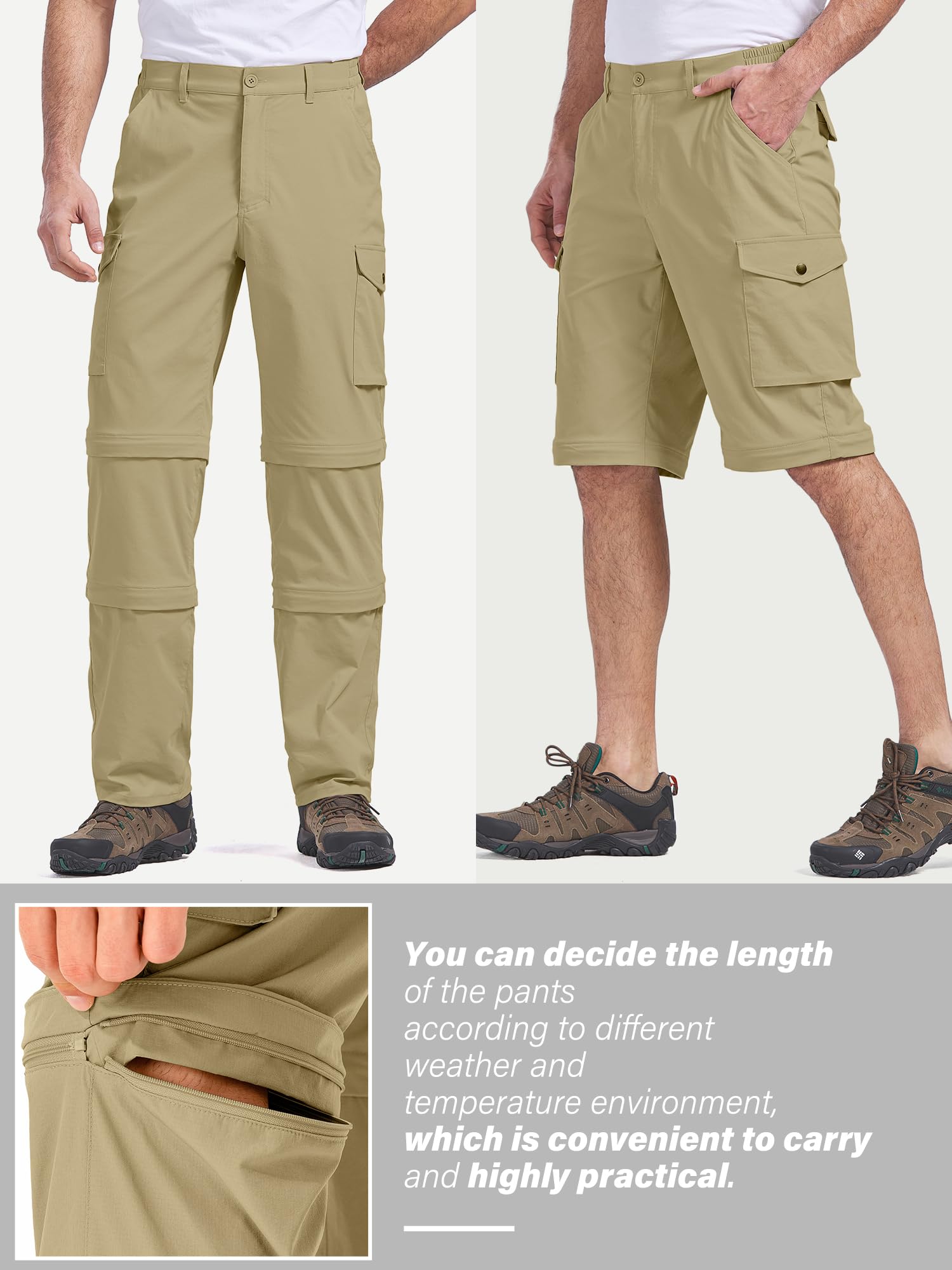 Mens Hiking Pants Convertible Quick-Dry-Stretch-Lightweight Zip-Off Outdoor Waterproof Safari Scouts Fishing Pants with deep Pockets,6077,Khaki,36