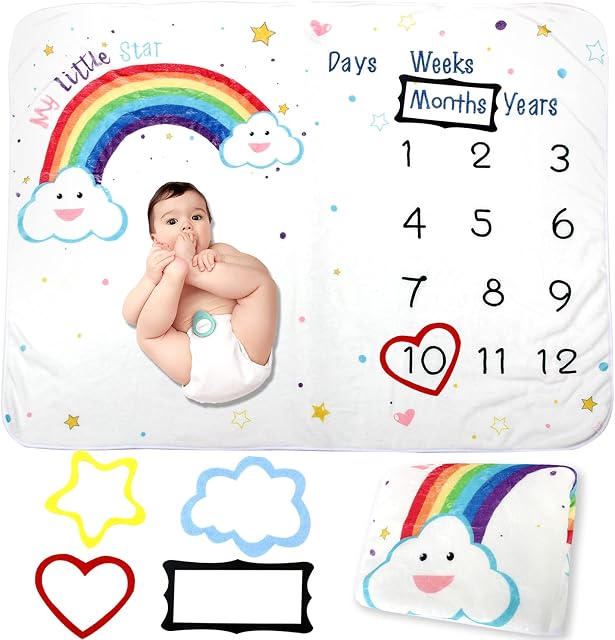 Baby Monthly Milestone Blanket for Boys Girls, Soft Fleece Thick Blanket Rainbow clouds stars Printed for Newborn, Baby Milestone Blanke,with 4 Felt Photo Frames Track Age Growth(130x100cm)