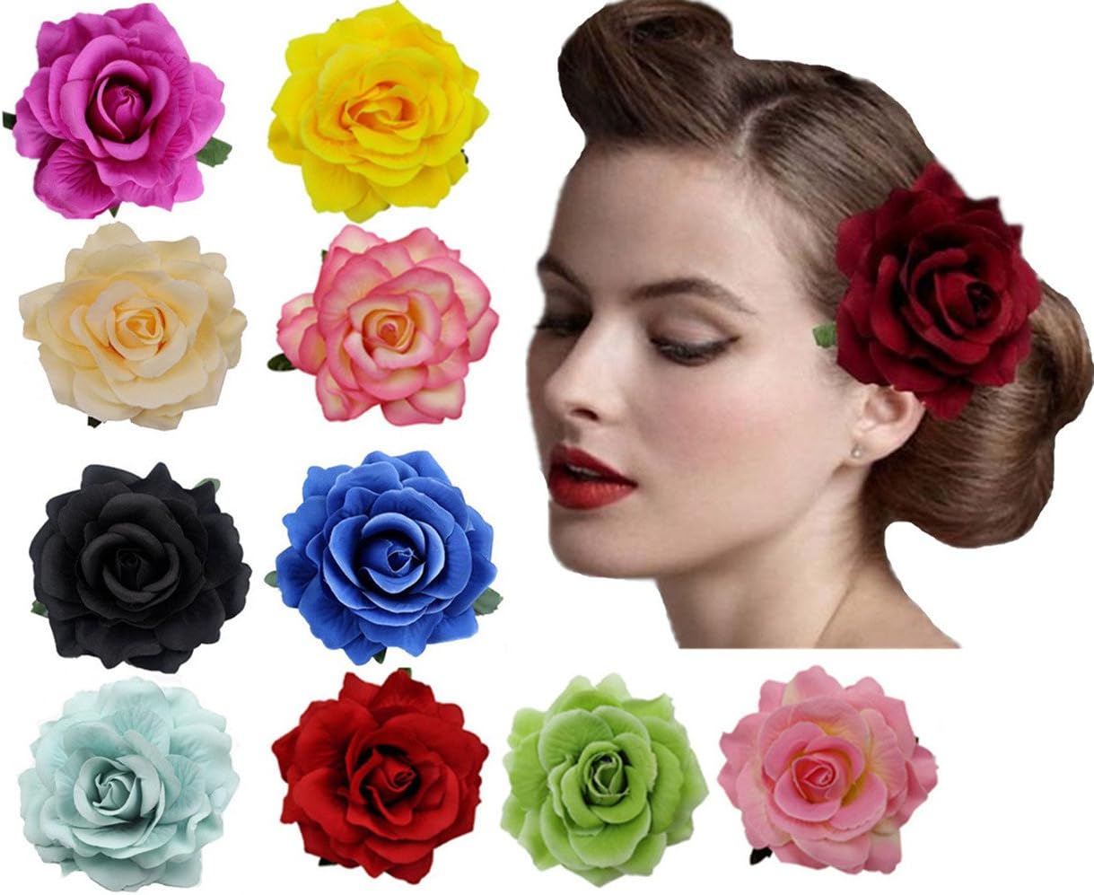 Amuhou Womens Rose Flower Hair Clip Flower Brooch for Bridal Headpiece,Flamenco Dancer 10-Pack (Mixed 10 Colors)