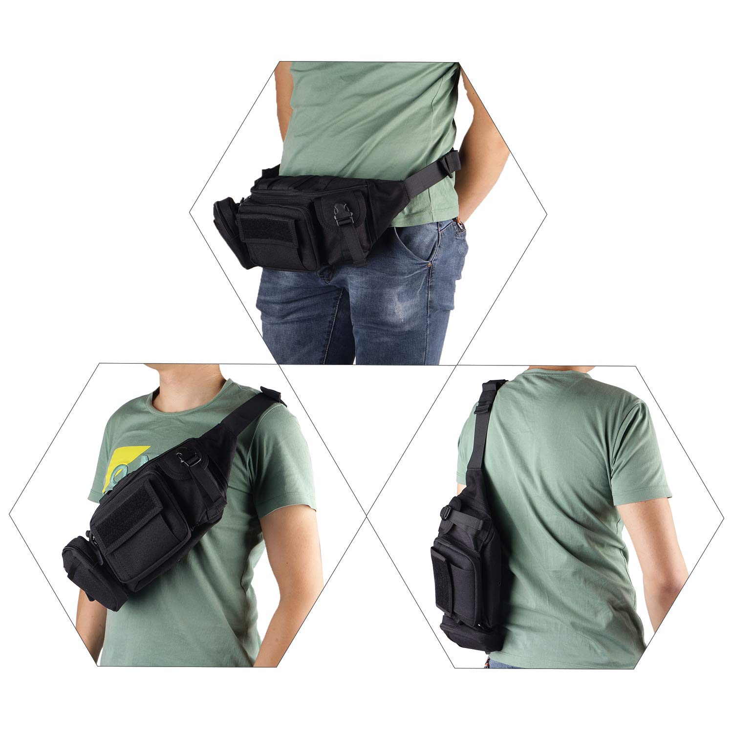 Sac de Taille Tactical Fanny Packs 9 Poches zippées Ceinture réglable Sport Bum Bag Femmes et Hommes pour la randonnée, Le vélo, la pêche, la Chasse