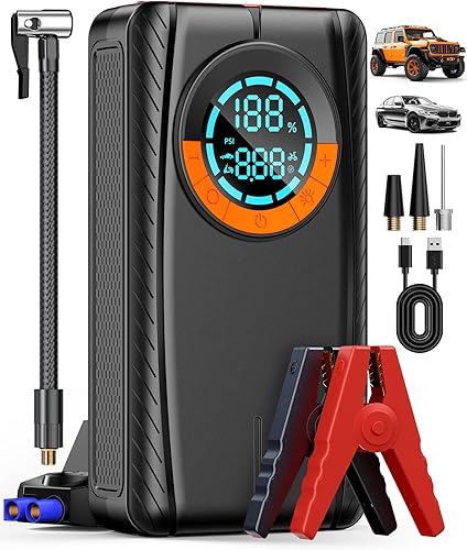 Arrancador portátil para automóvil con compresor de aire, batería de coche de 3500 A (9.0 gas8.0 L diesel), arrancador de coche de 12 V portátil,
