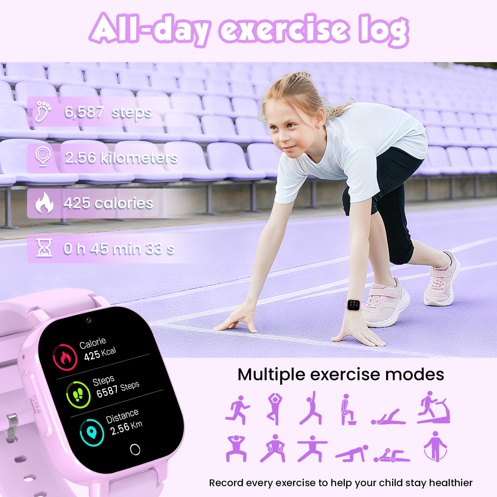 4G Smartwatch Bambini con GPS e Telefono, Orologio Smartwatch Bambini con Videochiamate, Chat Vocale, Modalità Scuola, SOS, Contapassi, Orologio Intelligente Regalo Ragazzi Ragazze 4-12 (Viola)