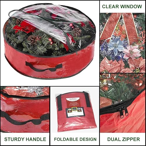 Propik Christmas Wreath Storage Bag 24" - Garland Holiday Container With Clear Window - Tear Resistant Fabric - 2 Pack (24 Inch, Red) #TOP1