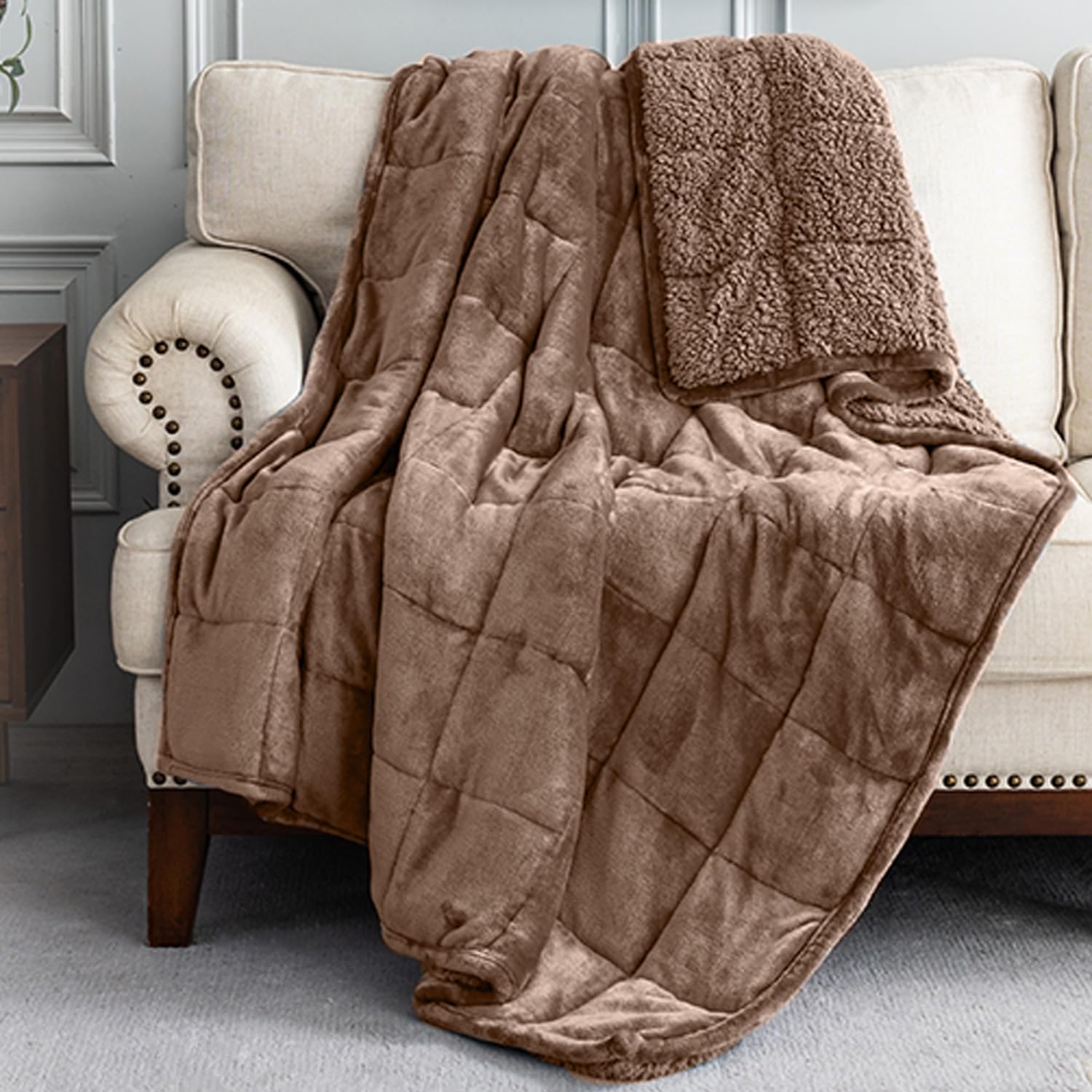 Uttermara Weighted Blanket Queen Size 15lbs 60x80 inches with Soft Plush Fleece, Cozy Warm Sherpa Snuggle Thick Heavy Blanket Great for Sleep and Calming, Brown