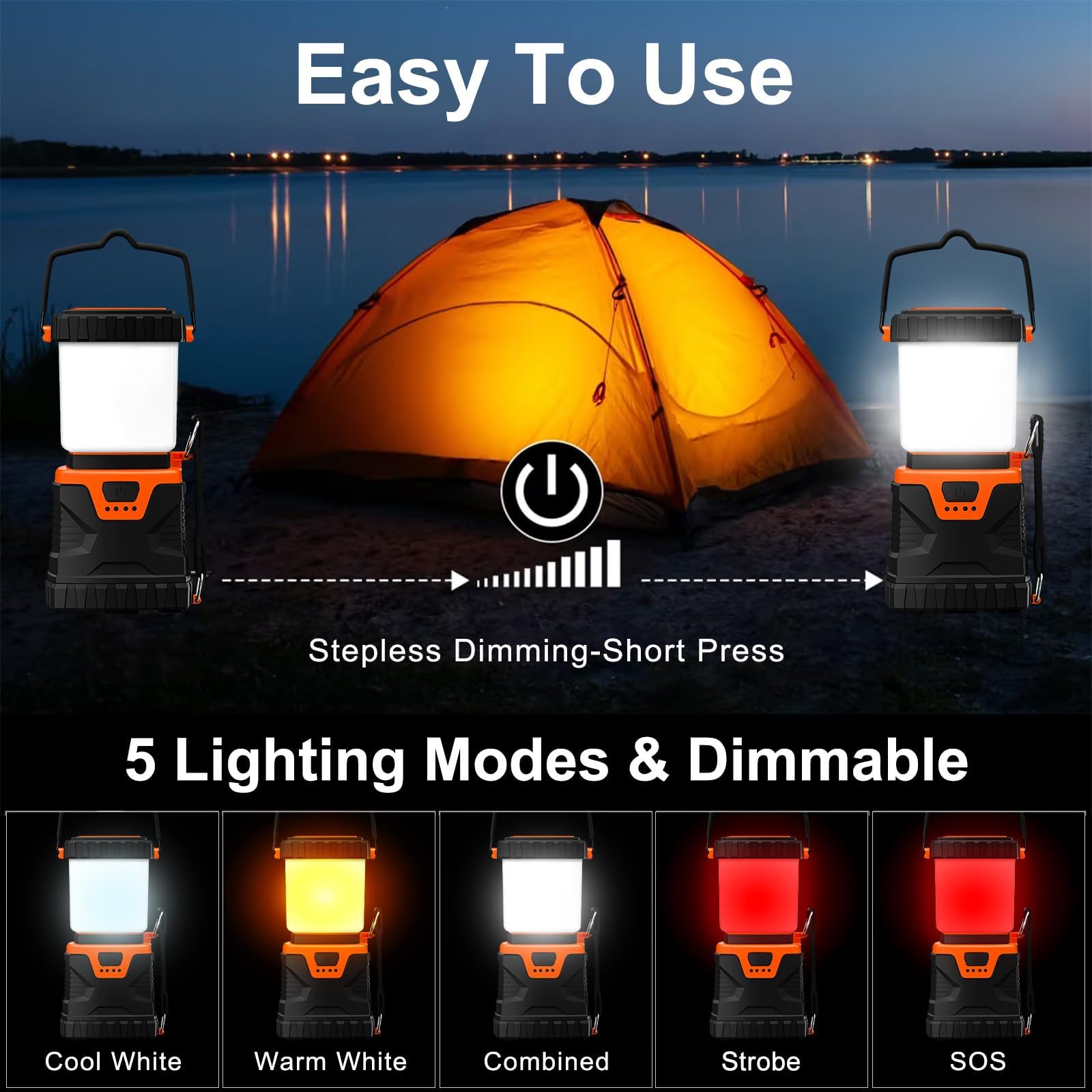 Linterna LED de camping recargable, 1000 lm, esencial para acampar con 5 modos de luz, banco de energía de 4400 Ah, linterna impermeable IP44 para cortes de energía, emergencia, senderismo, al