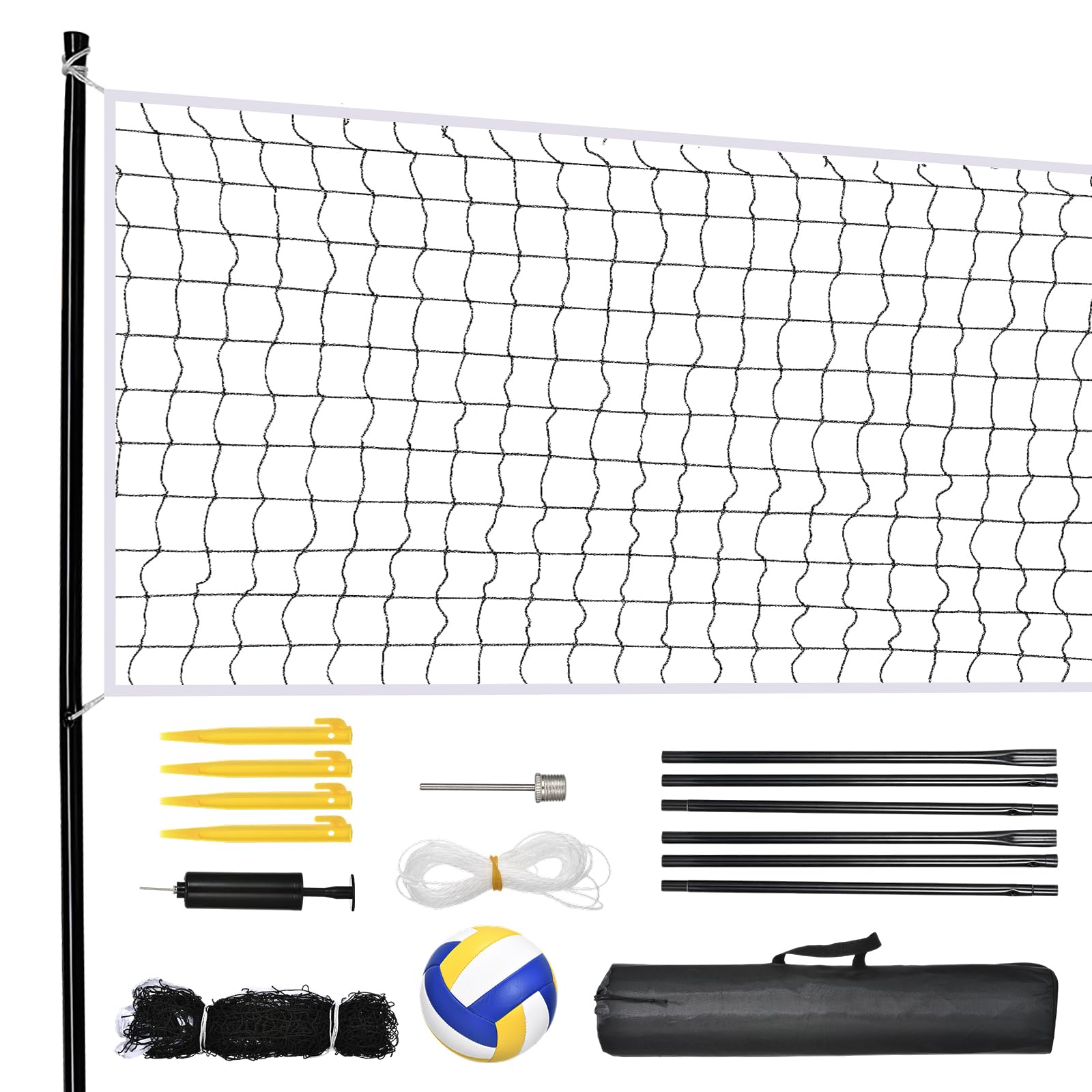 Volleyball Set, Tragbares Beachvolleyball Netz mit Ständer,Volleyball und Tragetaschefür Volleyballnetz Mobiles Set für Garten Strand Rasen