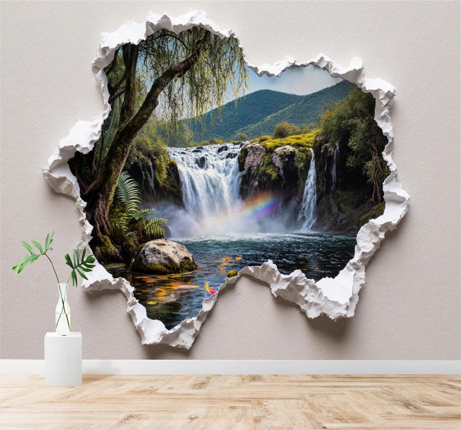 XLMING Rainbow Waterfall Forest River Natural Scenery 3D Wallpaper Premium Textured Silk Study Dining Living Room Bedroom Sofa TV Wall Easy Install-400cm×280cm