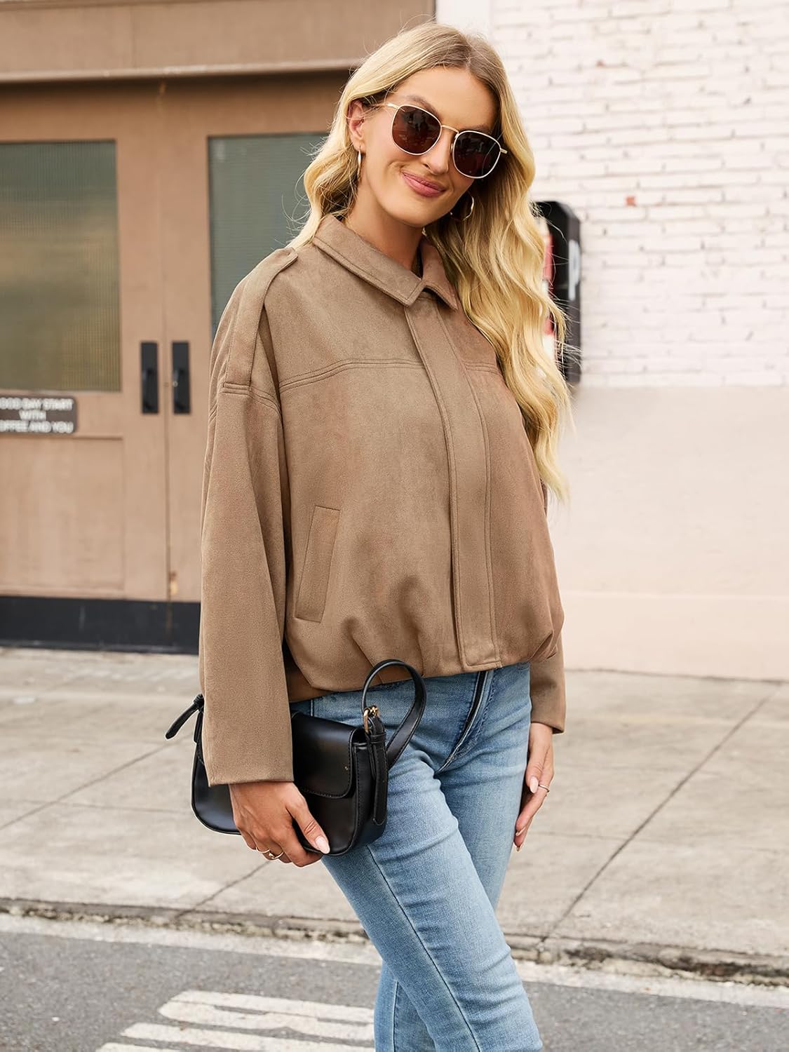 Womens Bomber Jacket Faux Suede Casual Cropped Pilot Coat Lapel Collar Causal Oversized Trendy Outwear - Image 6