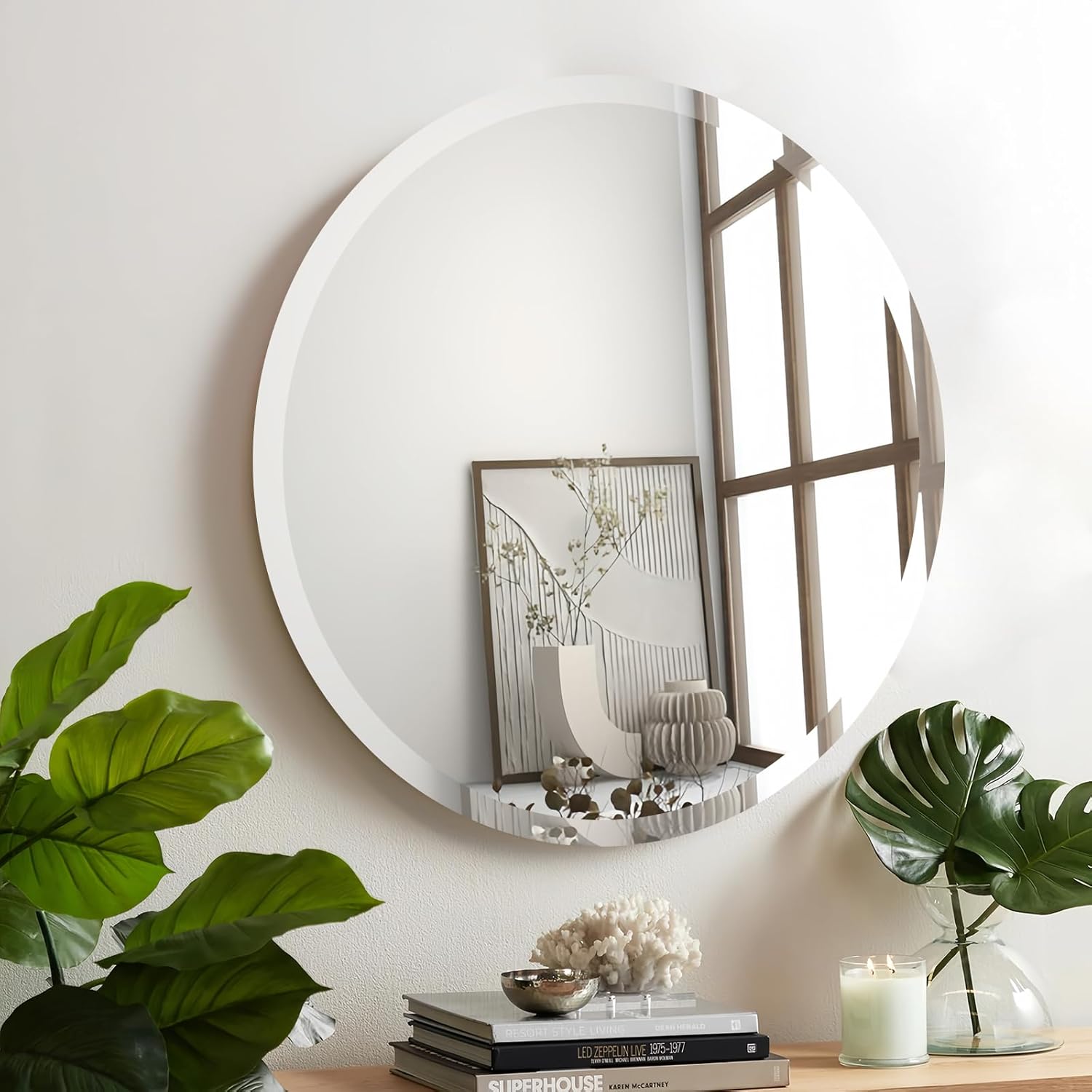 24 inch Beveled Bathroom Mirror, Frameless Round Mirror, 1" Polished Beveled Edge Circle Mirror for Bathroom, Living Room, Bedroom 24"L x 24"W