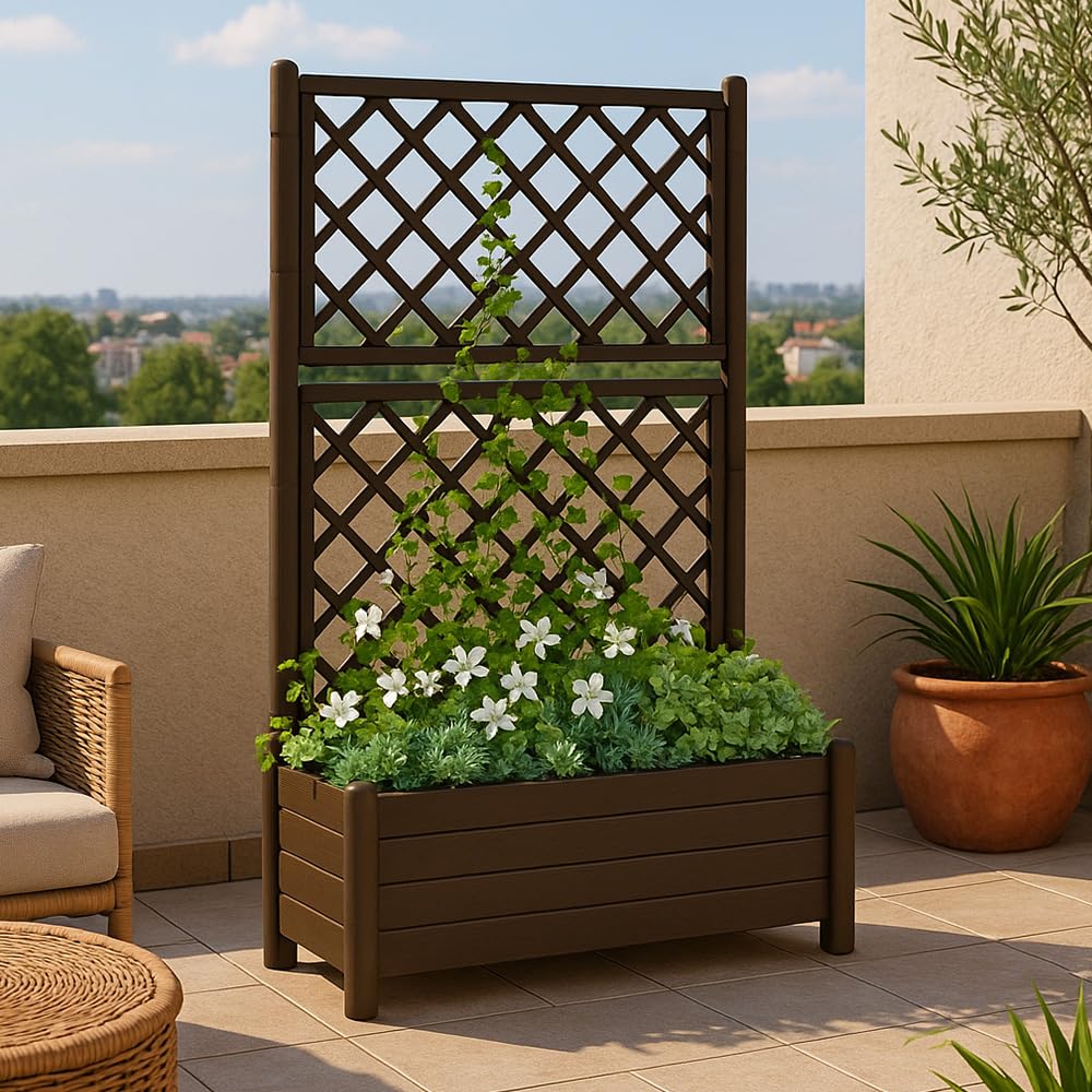 PALUPLUS Fioriera Rettangolare con Spalliera da Esterno, Misura 100x43x142 cm, Vaso in Plastica Resistente airaggi UV, Traliccio con Grigliato per Fiori e Rampicanti -036F (Marrone)