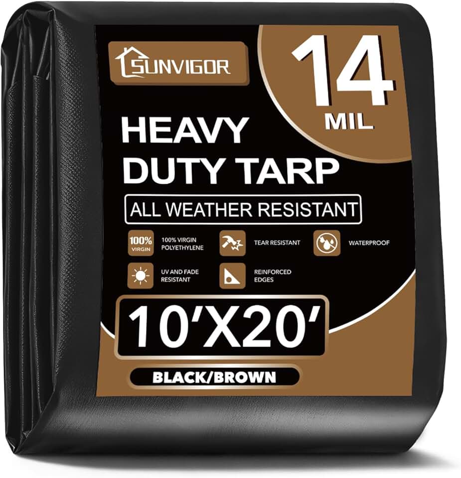 Sunvigor Tarp Waterproof 10x20Ft, Extra Thick 14 Mil Heavy Duty Tarp Cover, Tear &amp; Fade Resistant, Outdoor Tarps with Brass Grommets and Reinforced Edges for Roof, Camping, Patio, Boat (Black/Brown)