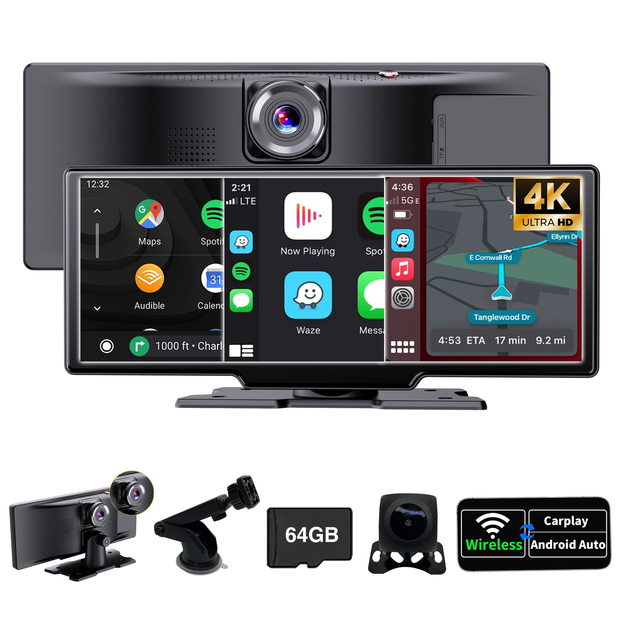 SCUMAXCONPortable Car Stereo Wireless CarPlay Android Auto 4K Dash Cam with Backup Cam Airplay 10.26" IPS Touchscreen Loop Recording GPS Navigation Bluetooth FM AUX Built in Speaker Android Cast