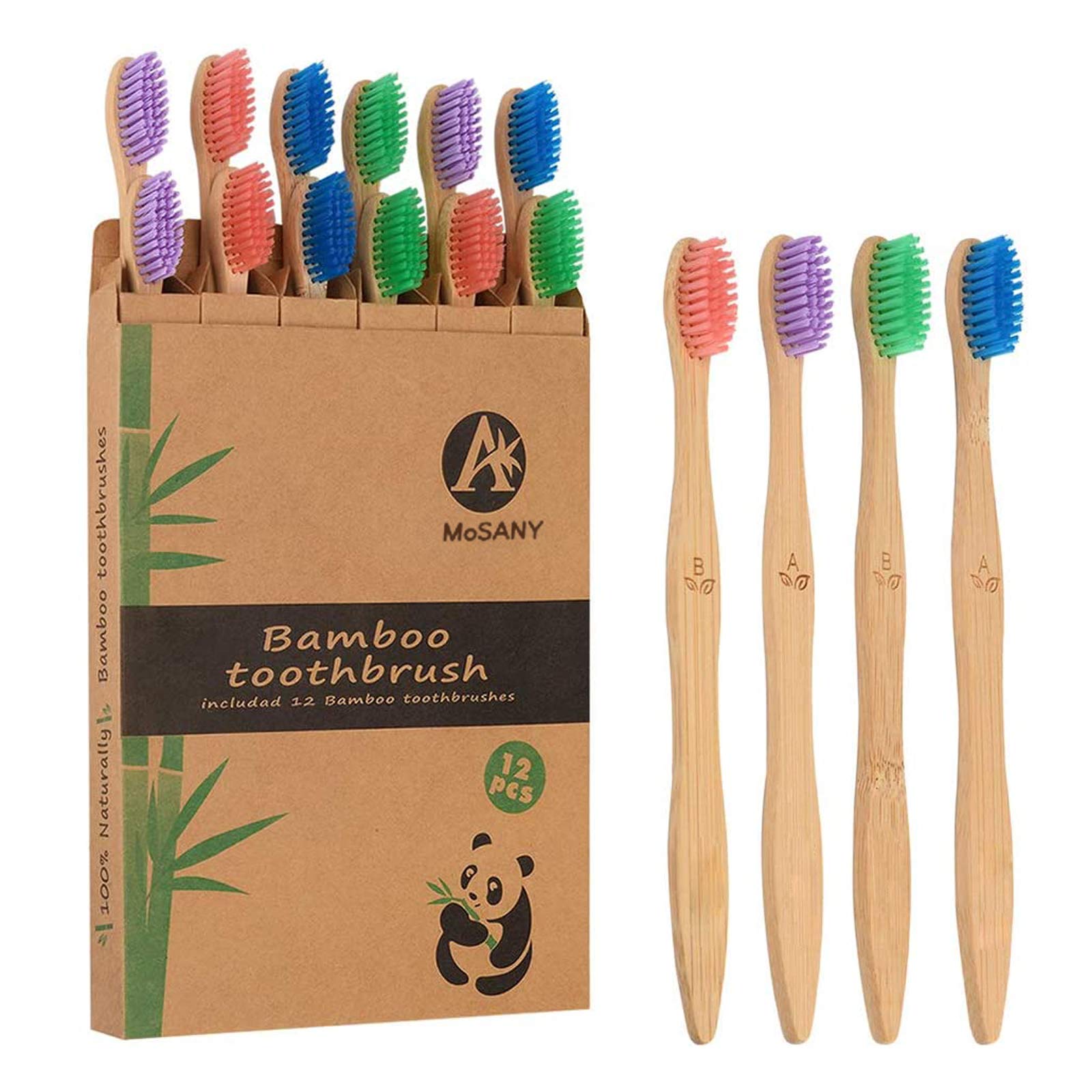 MoSANY 12 Pack Bamboo Toothbrushes, Biodegradable Bamboo Toothbrush, BPA Free Soft Bristles, Eco-Friendly Compostable Natural Wooden Toothbrush, Organic Charcoal Wood ToothBrushes (Multi-Color)
