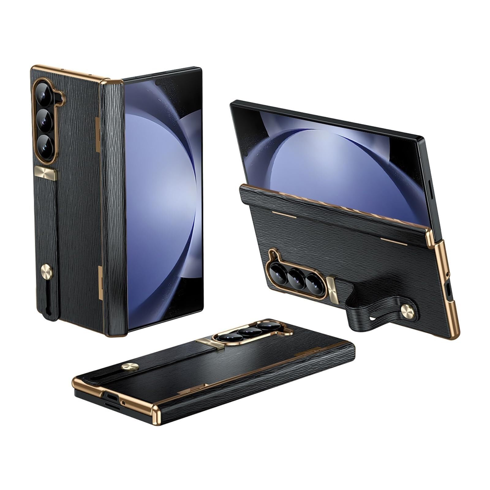 Custodia Antiurto Per Samsung Galaxy Z Fold 6, Custodia Protettiva Con Cerniera E Supporto Da Polso, Custodia In Pelle Di Lusso Per L'ufficio(Black)