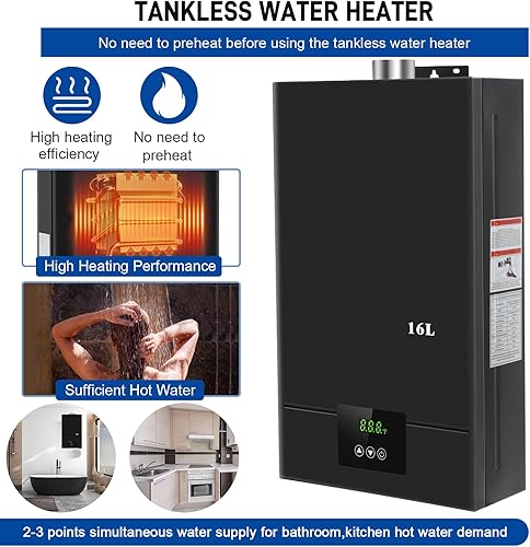 Miniatura 3 de Calentador de agua sin tanque de gas natural, 4.21GPM 16L en interiores, calentador de agua de gas caliente instantáneo, calentador de agua natural