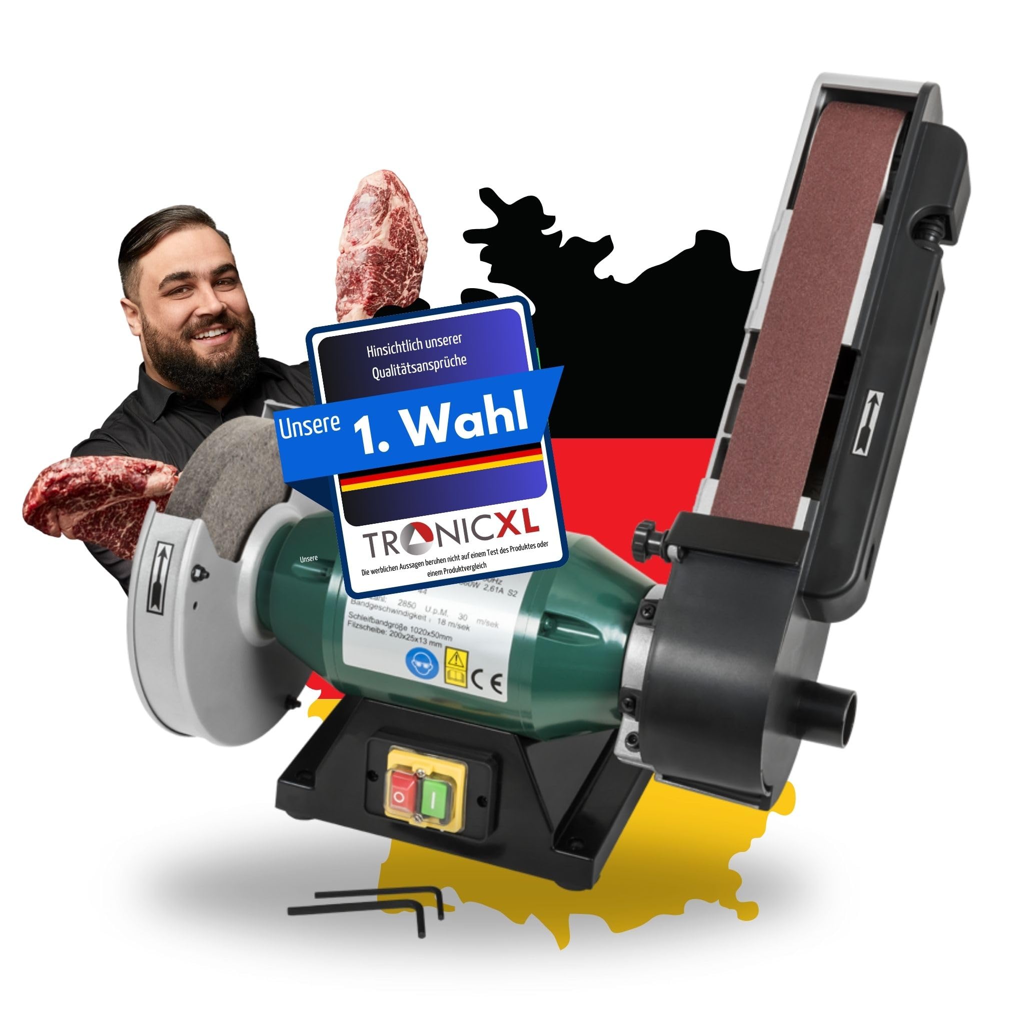 TronicXL Szlifierka kombi 600 W, tarcza filcowa do polerowania, taśma szlifierska, ostrzałka do noży, ostrzałka taśmowa, podwójna szlifierka taśmowa
