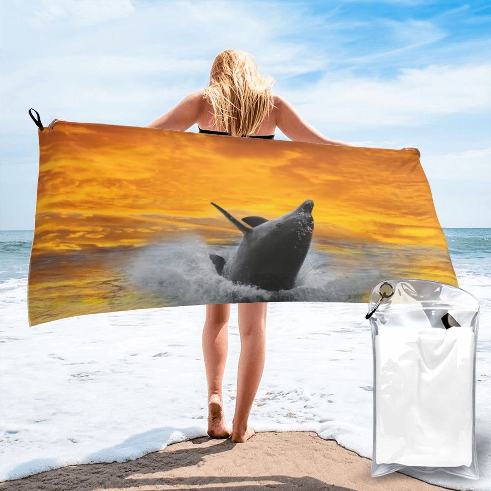 Lawenp Jumping Dolphin Microfiber Beach Towel Adults Large Quick Drying Bath Towel Travel Towels with Pouch 31.5"x63"