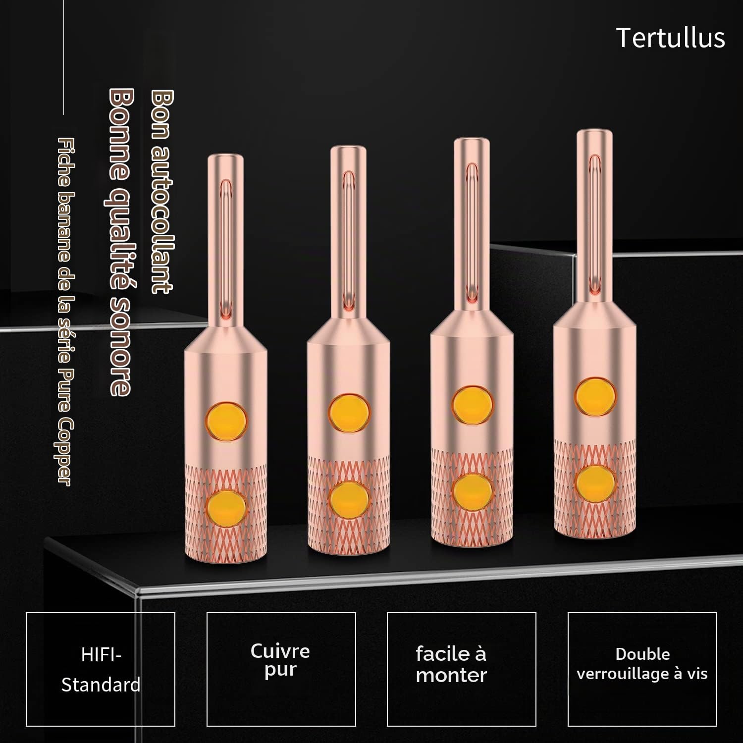 Tertullus Lot de 4 fiches banane haut de gamme en cuivre pur HiFi en cuivre pour câble de haut-parleur jusqu'à 5 mm