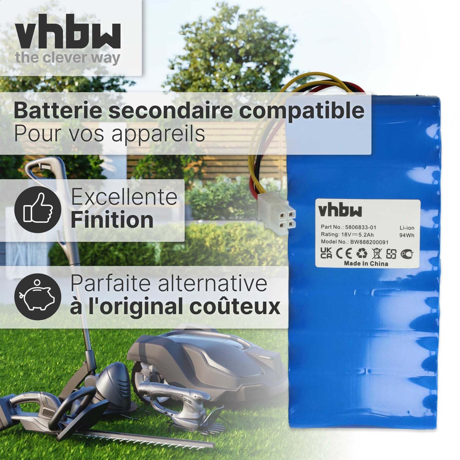 vhbw Bloc de Batteries Compatible avec Husqvarna Automower 550 (Jusque 2019/2020), 520 (Jusque 2019/2020) Robot Tondeuse (5200mAh, 18V, Li-ION)