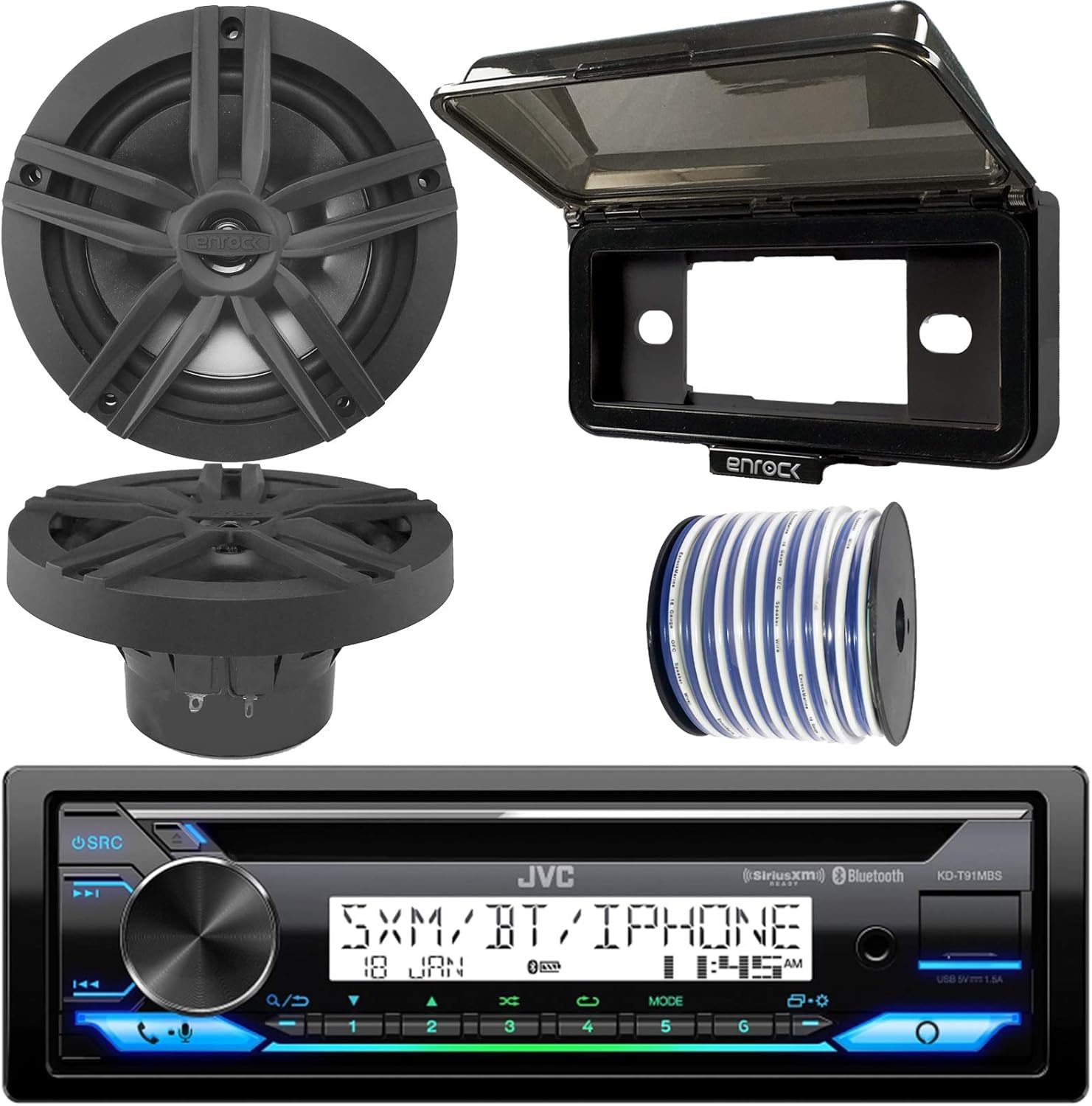 JVC KD-T91MBS In-Dash Marine Boat Bluetooth Radio USB CD Receiver Bundle Combo With Pair of Enrock Black 6.5" 2-Way Boat Stereo Audio Speakers + Stereo Waterproof Cover + 18g Marine Speaker Wire