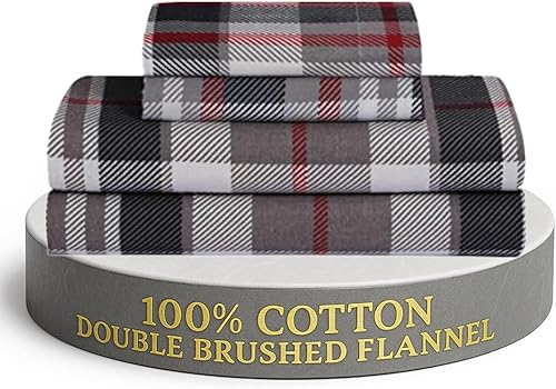 Juego de sábanas de franela de plumas y puntadas, tamaño King, a cuadros rojos de 16 pulgadas de profundidad, 100% algodón cepillado, sábana de