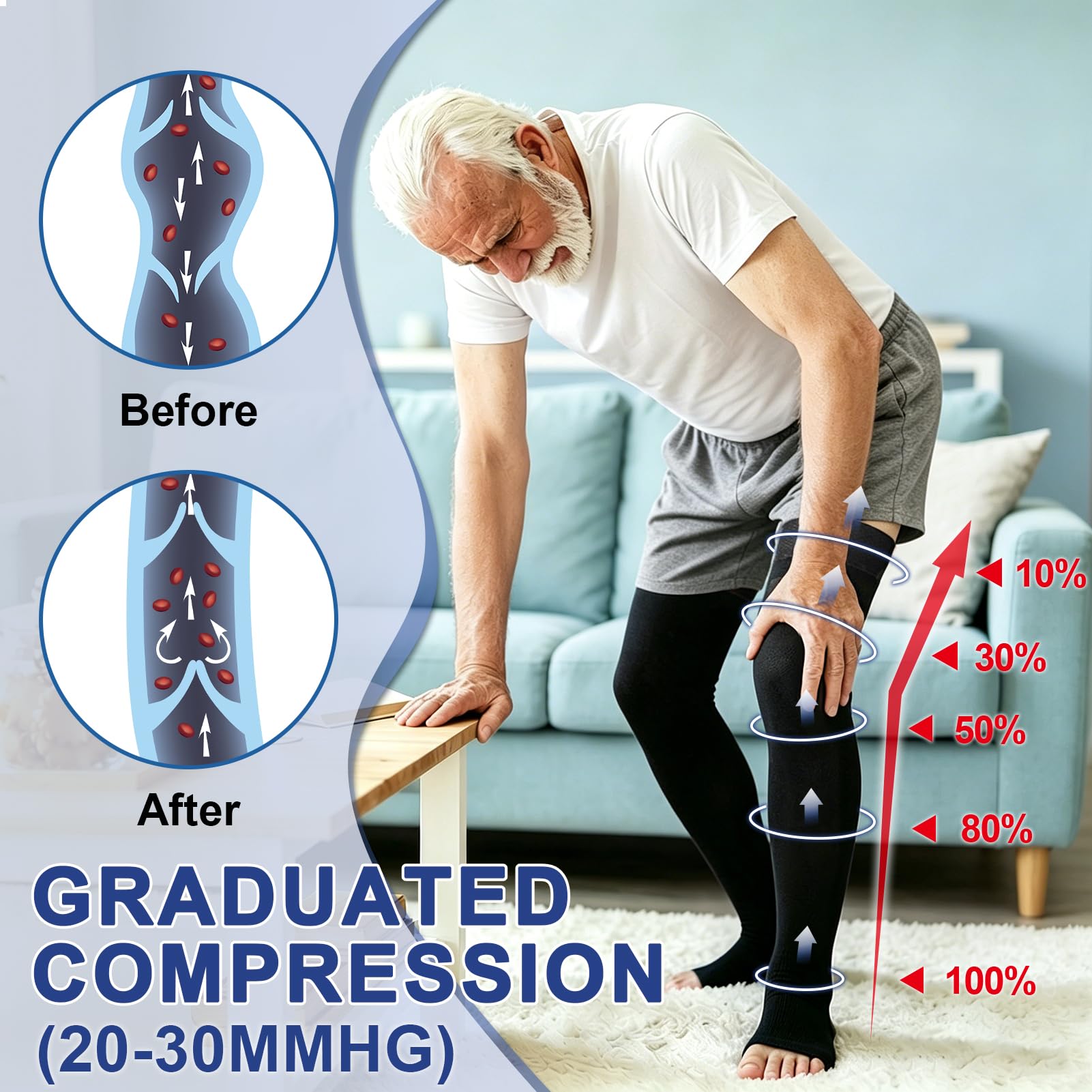 Beister Bas de Compression Médicale à Bout Ouvert, 20-30mmhg Niveau 2 Longues Bas de Compression pour Femme & Homme, Silicone Pointillé Antidérapant, Soutien Progressif, pour Les varices, l'œdème