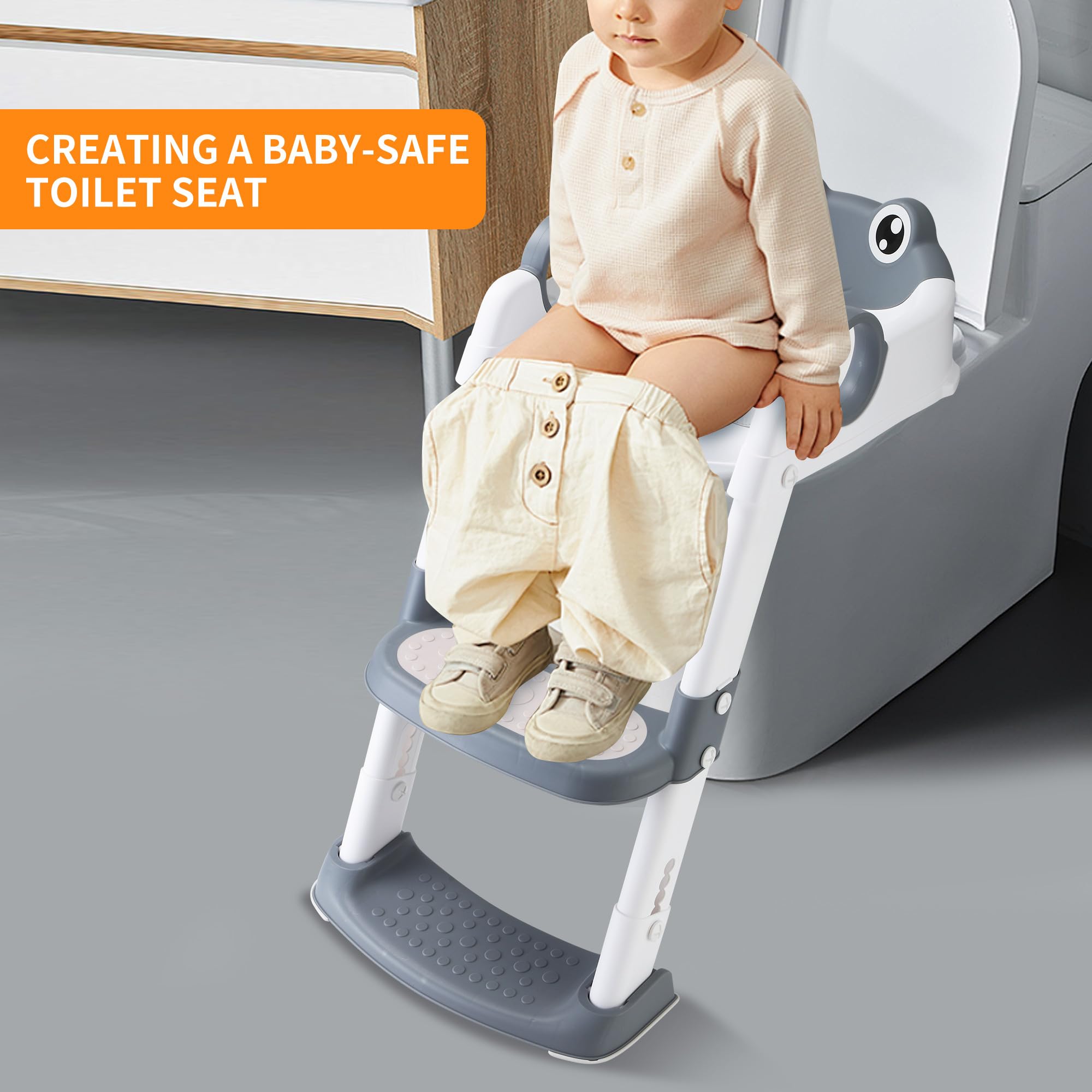 Réducteur Toilette Enfant, Réhausseur de toilettes pour enfants robuste et antidérapant, échelle de siège de toilettes pliable et réglable, Adapté aux toilettes en forme de V, U, O