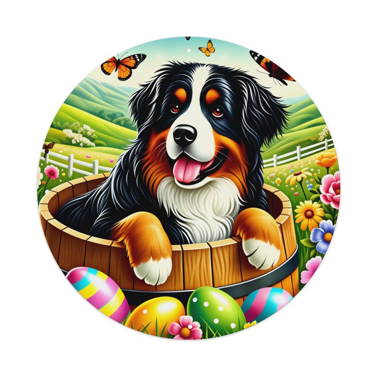 Dog In Bucket With Easter Eggs Metal Tin Sign Vintage Garden Bedroom Cafe Bar Man Cave Home Wall Decor Metal Poster 8x8 inches