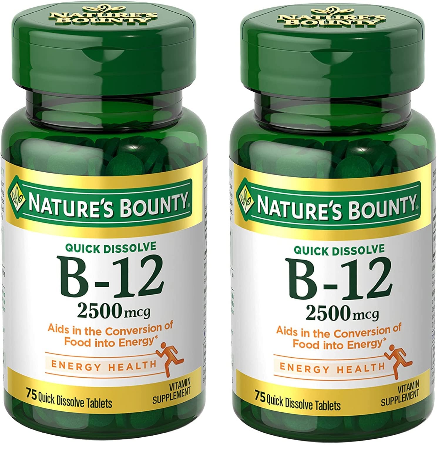 Nature's Bounty Vitamin B12 2500 mcg, Cellular Energy Support, for Energy Metabolism, Heart & Nervous System Health, 75 Quick Dissolve Tablets (Pack of 2)