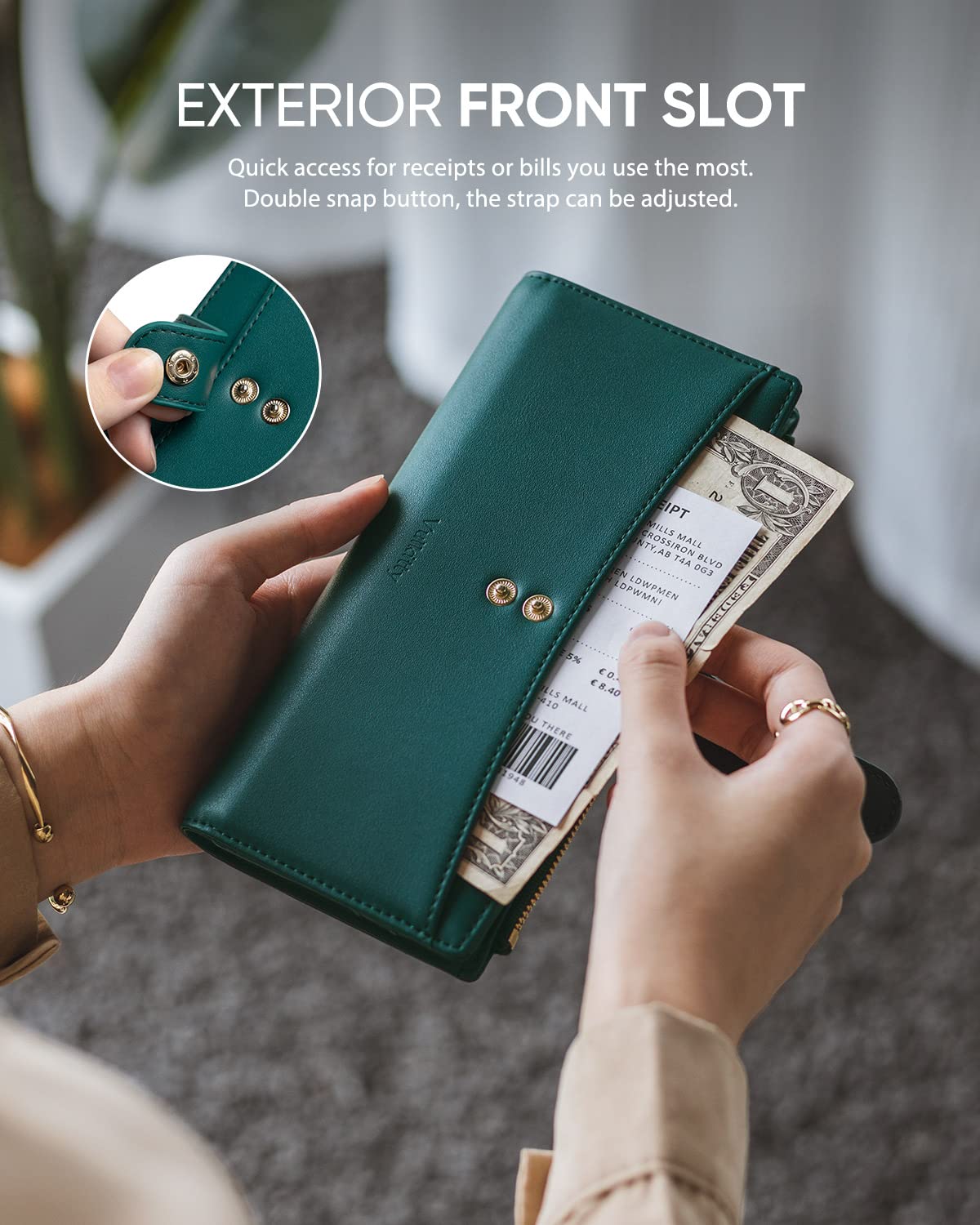 Vulkitty Portafoglio per le donne borsa in pelle di grande capacità RFID blocco carta di credito organizzatore con tasca con cerniera, Verde