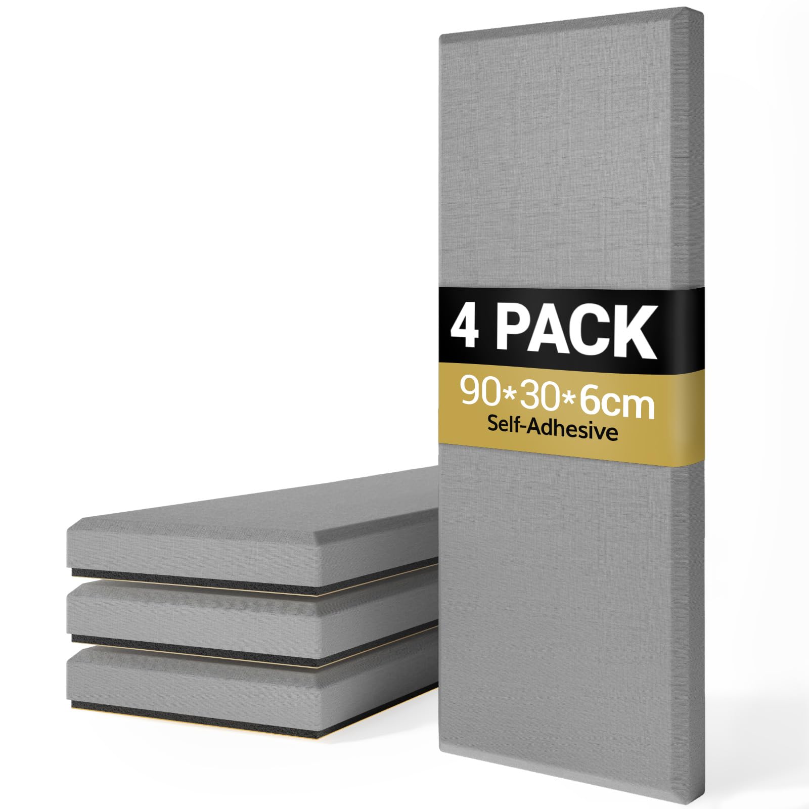 TONOR 4 PCS Grandi Pannelli Fonoassorbenti, 90x30x6 cm Pannello Acustica 3D in Fibra di Vetro con Autoadesivo, Pannello Decorativo per pareti che Assorbe L'eco, per Studio/Soggiorno/Casa, Grigio