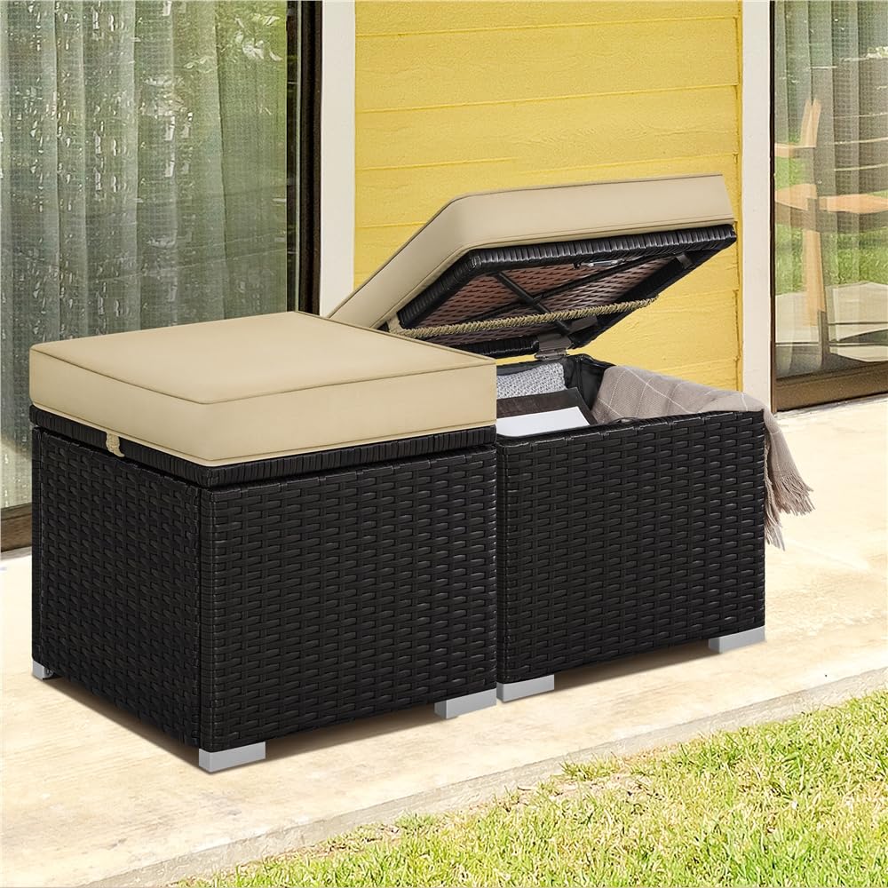 Yaheetech Ottomano Set di 2 Sgabelli Poggiapiedi da Giardino con Cuscino e Contenitore Intreccio in Rattan Cubo Panca con Coperchio Rimovibile Resistente 39 X 39 X 41 cm Marrone/Khaki