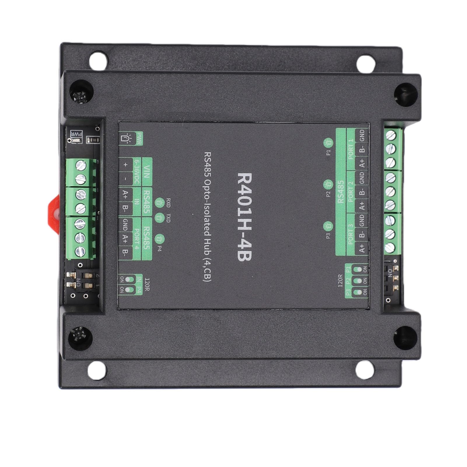 Sxhlseller Hub 485 Optoisolato Trasferimento Trasparente Half Duplex a 4 Porte, Montaggio su Guida DIN Hub 485 con Alimentazione e Isolamento Ottico, 32 Nodi per Porta, velocità di Trasmissione 1Mbps,