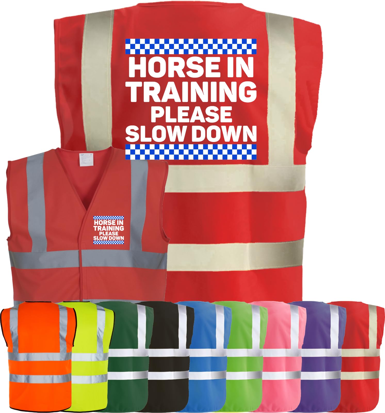 Corporate Togs HORSE IN TRAINING SLOW DOWN Equine Hi-Vis Vest - Equestrian Safety Waistcoat Tabard, Fully EN471 and Fastening Vest | Personal Protective Equipment