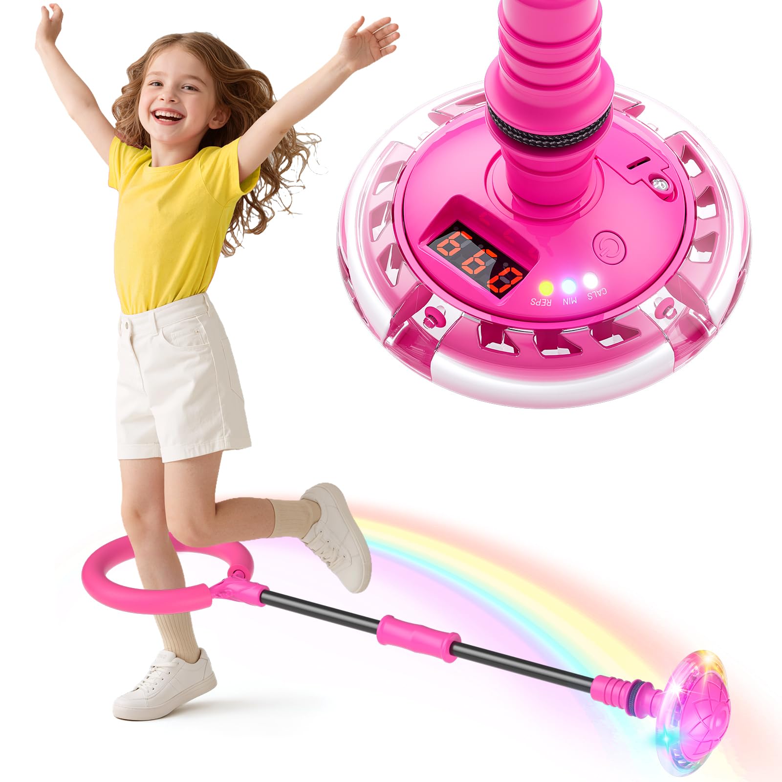 Jofuni Bola de Salto Tobillo Niña, Regalo Juguete Niñas 5 6 7 8 9 Años, Plegable a Pilas Bola con Contador, Temporizador y Calculadora de Calorías (Rosa)